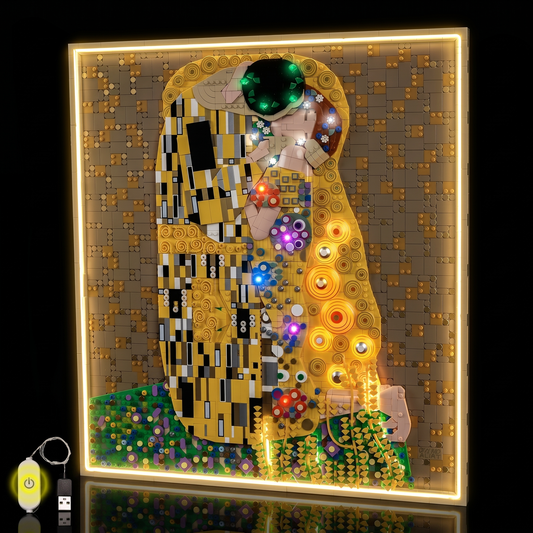 LEGO® Art Gustav Klimt – The Kiss #31221 installed and glowing, with the USB-powered LED light kit