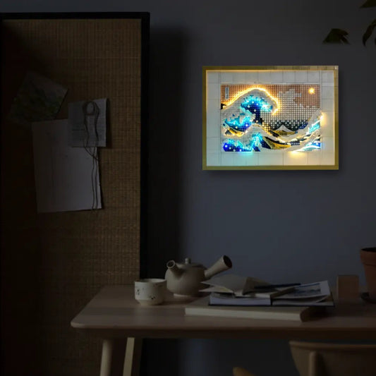 LEGO® Art Hokusai #31208 front view fully lit, with the premium LED light kit