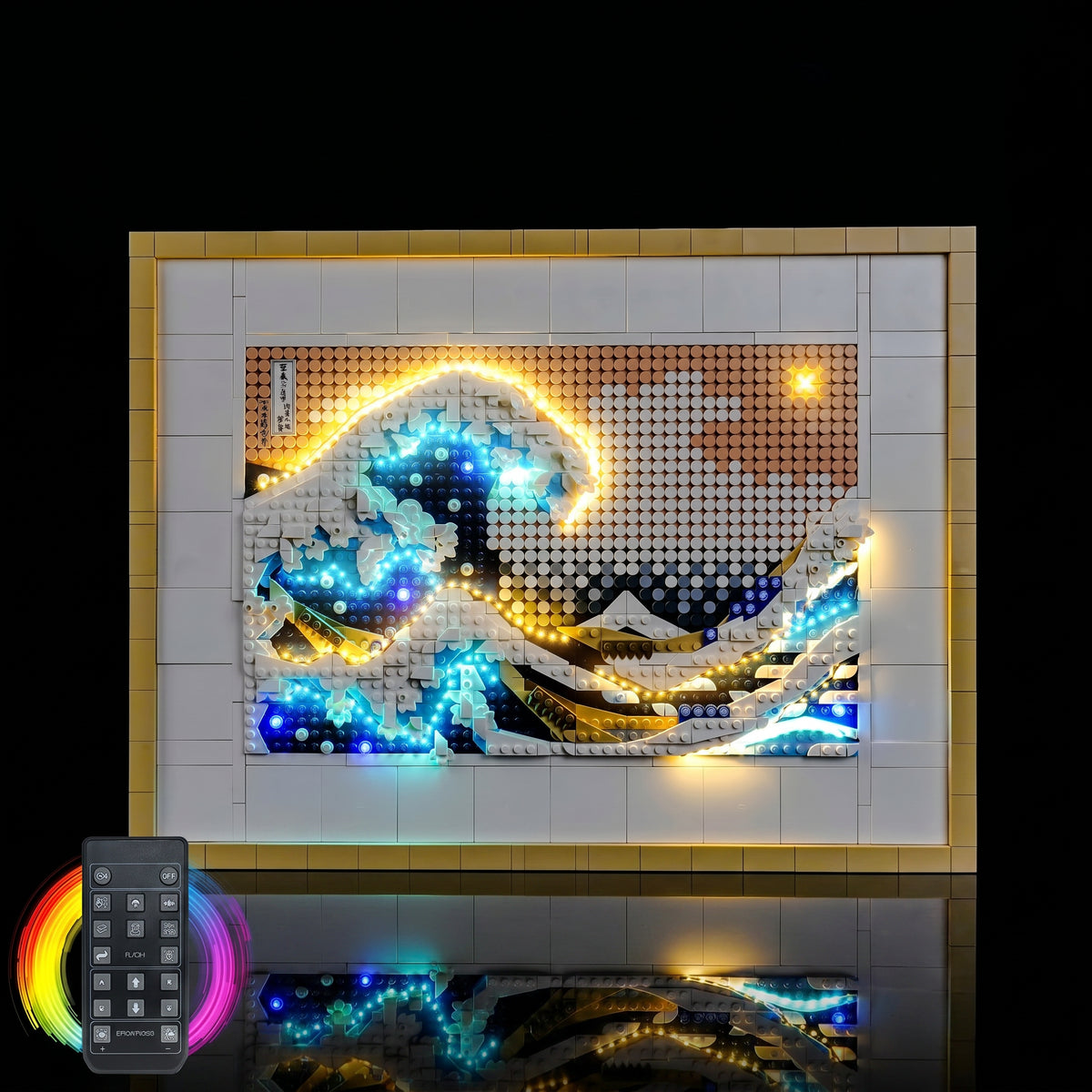 LEGO® Art Hokusai #31208 illuminated at night, with the custom LED lighting