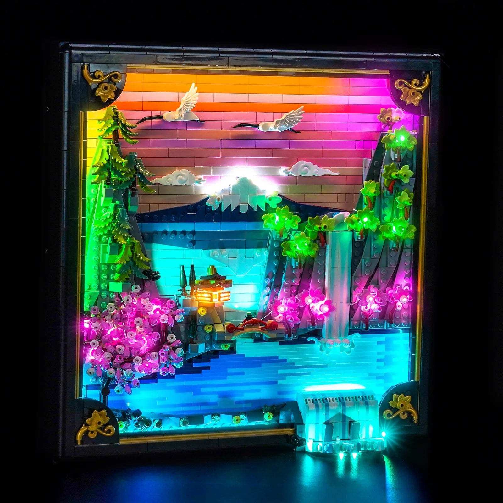 Close-up of LED lights on LEGO Art Japanese Cherry Blossom Landscape #31218