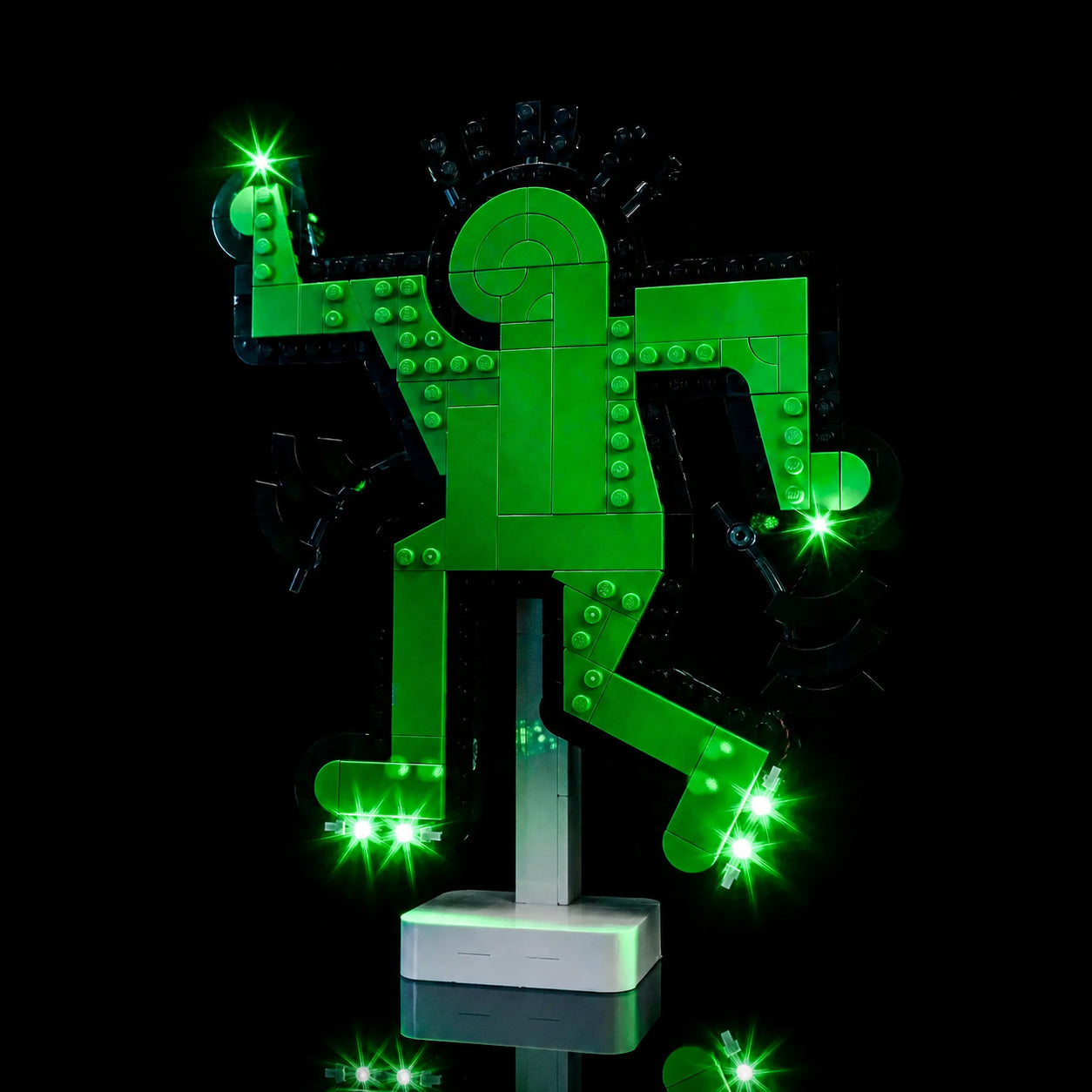 LEGO® Art Keith Haring #31216 side angle with lights on, with the LED lights
