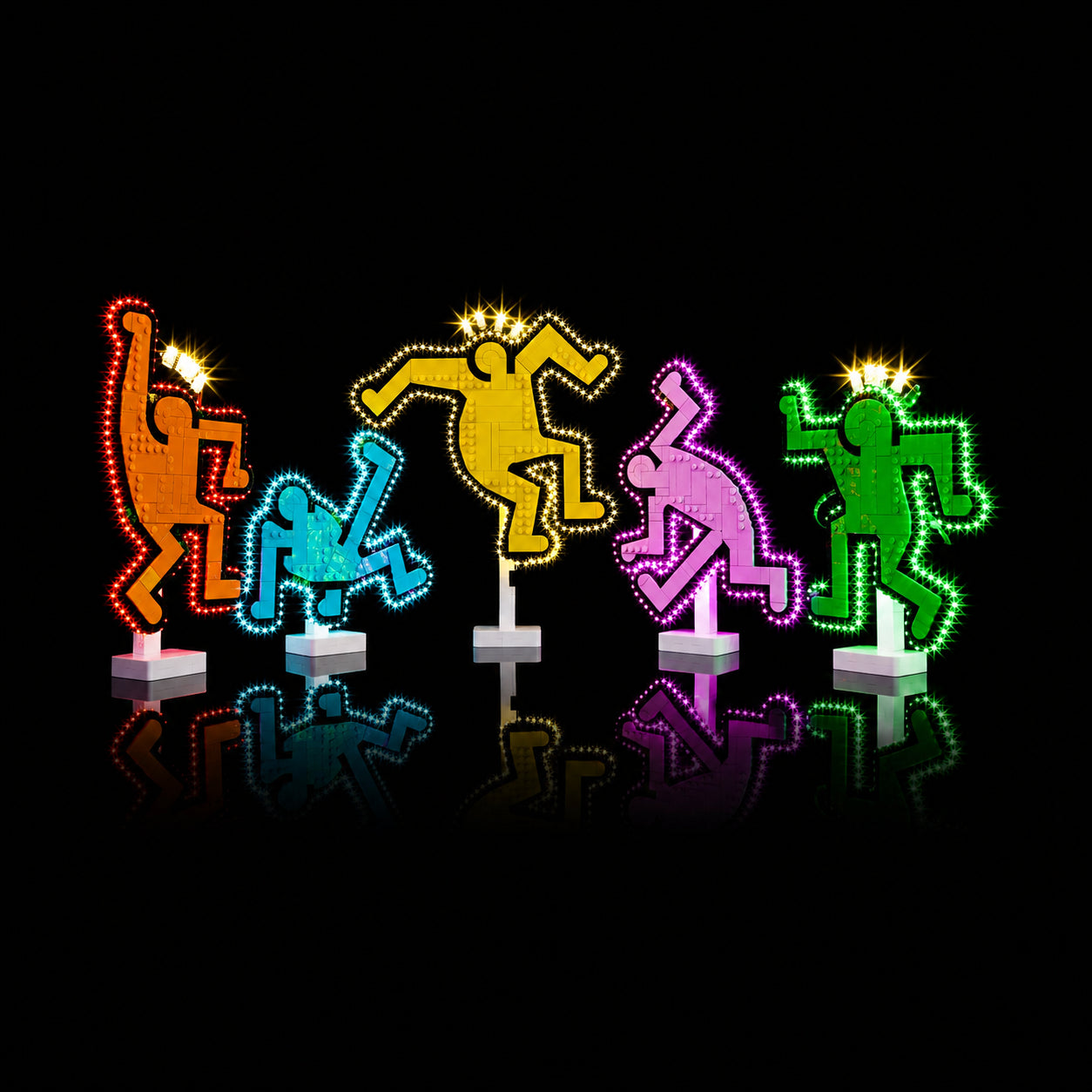 LEGO® Art Keith Haring #31216 installed and glowing, with the LED lights