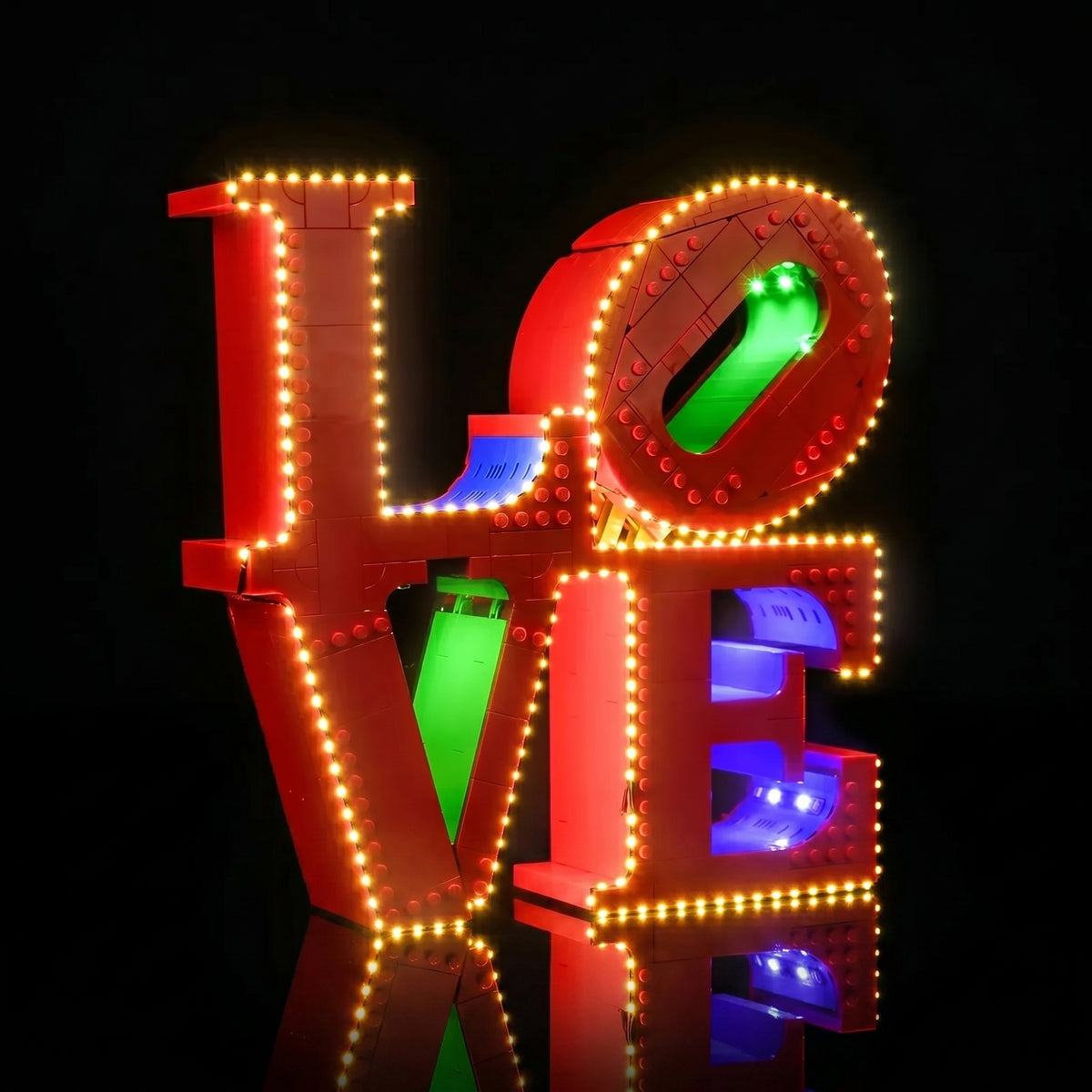 LEGO® Art LOVE #31214 warm LED glow detail, with the custom LED lighting