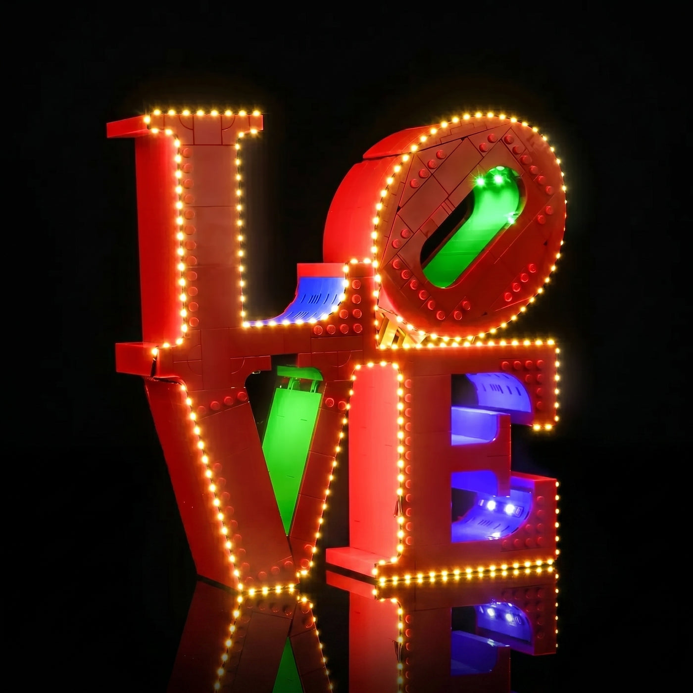 LEGO® Art LOVE #31214 warm LED glow detail, with the custom LED lighting