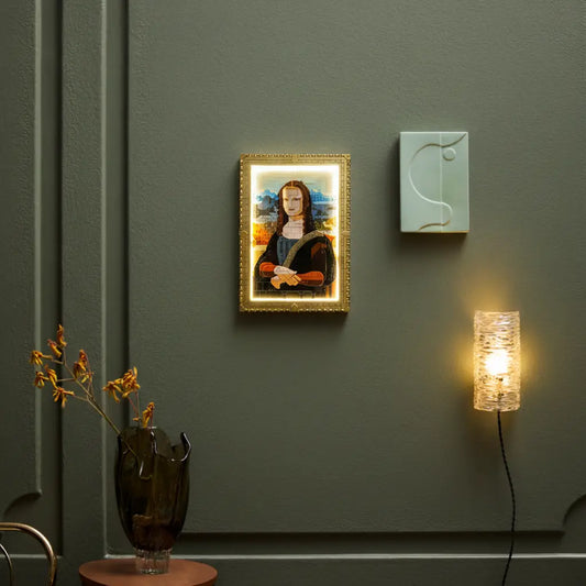 LEGO® Art Mona Lisa #31213 installed and glowing, with the display light kit