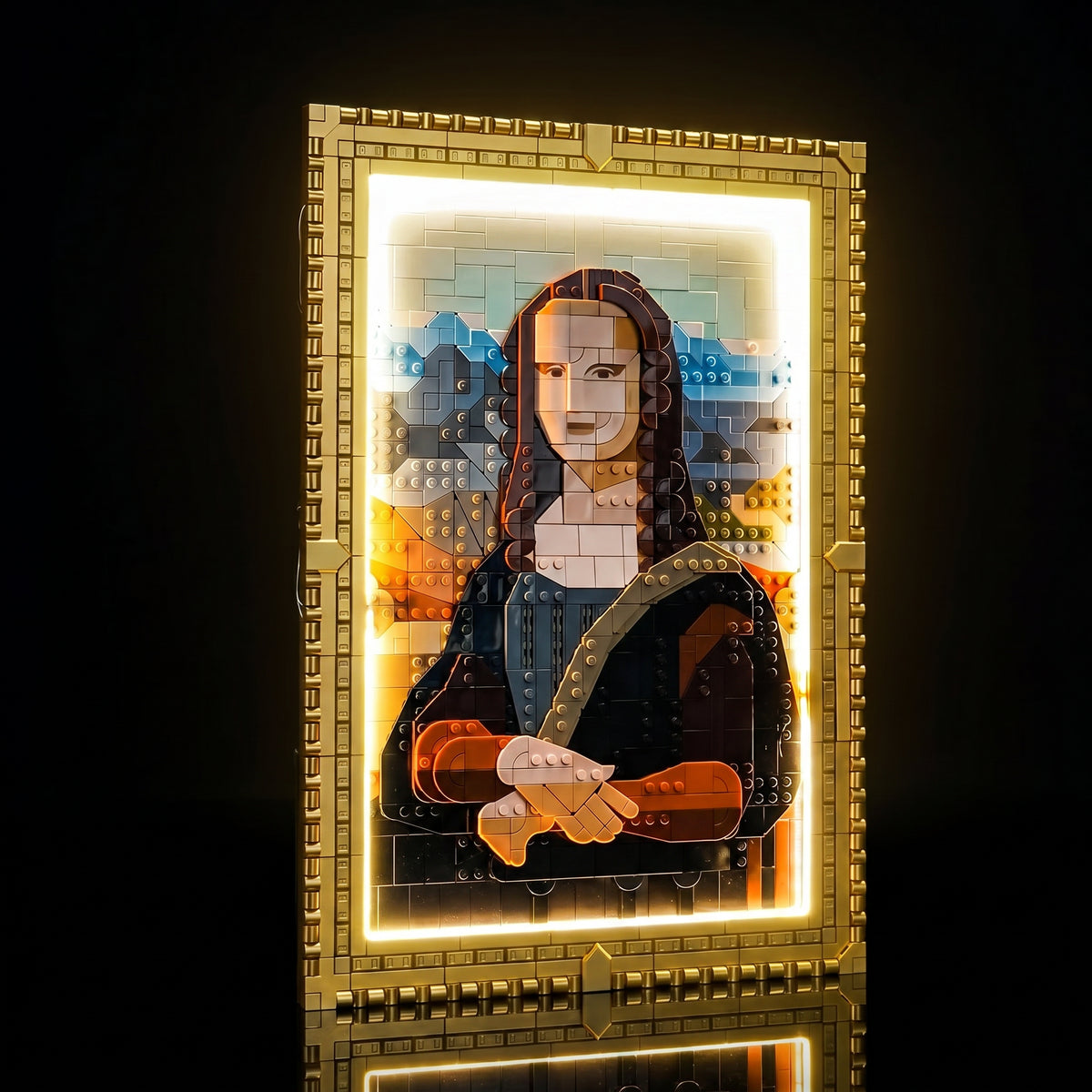 LEGO® Art Mona Lisa #31213 warm LED glow detail, with the LED light kit