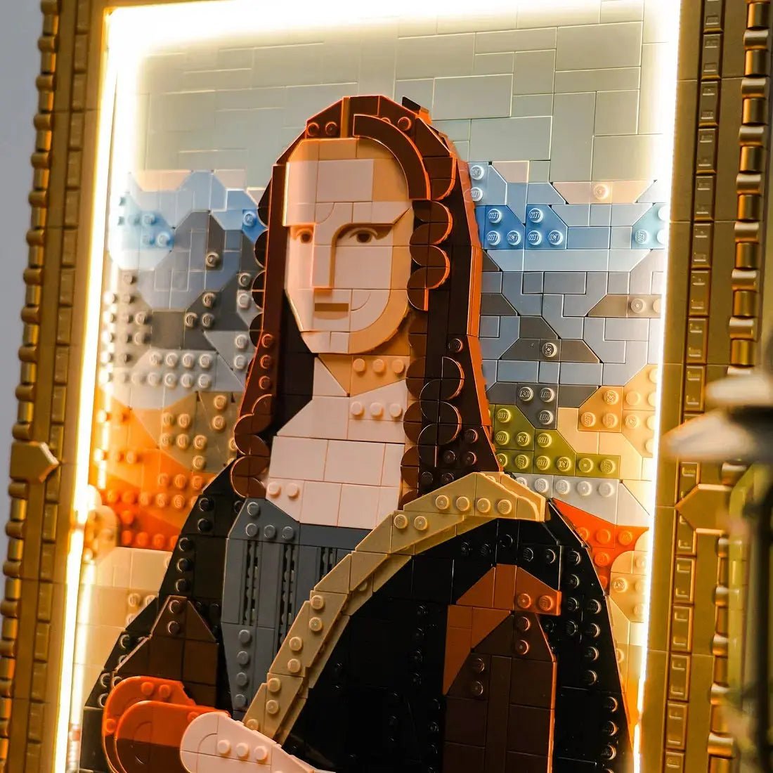 Bright My Bricks RGB LED light kit for LEGO® Art Mona Lisa #31213 — fully illuminated on display