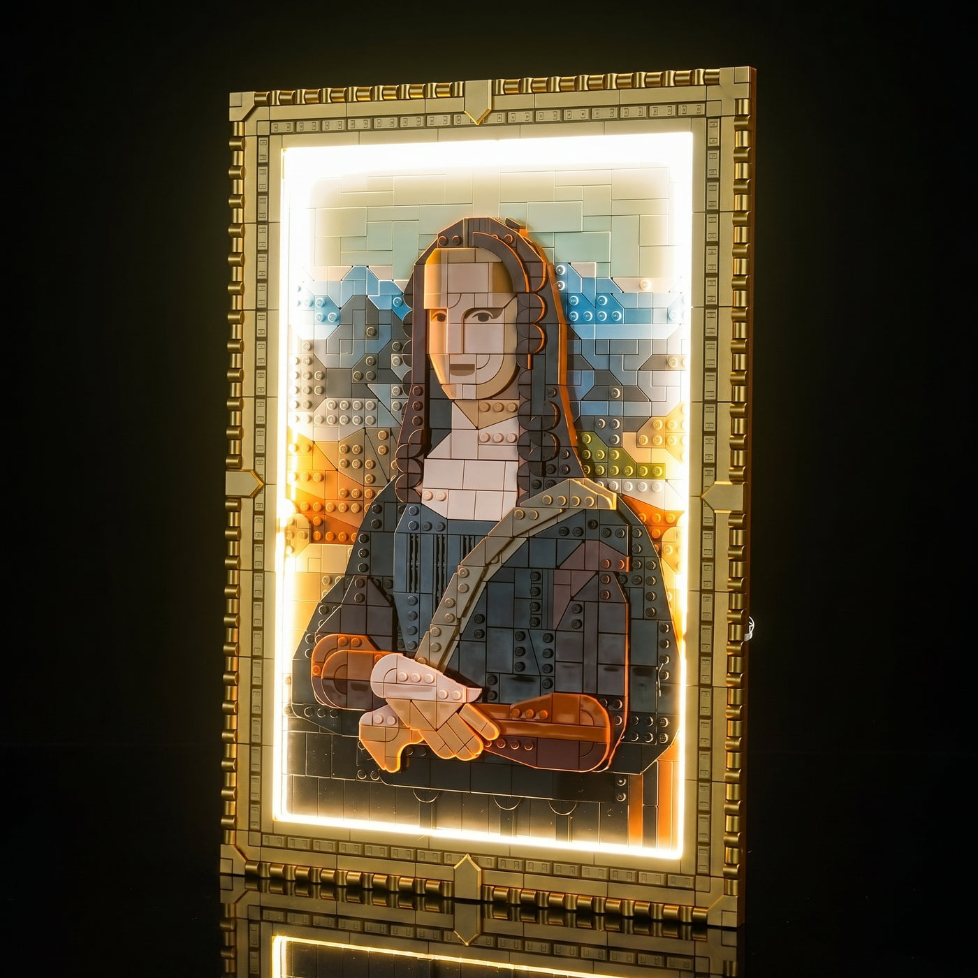 LEGO® Art Mona Lisa #31213 brightened interior detail, with the DIY LED light kit