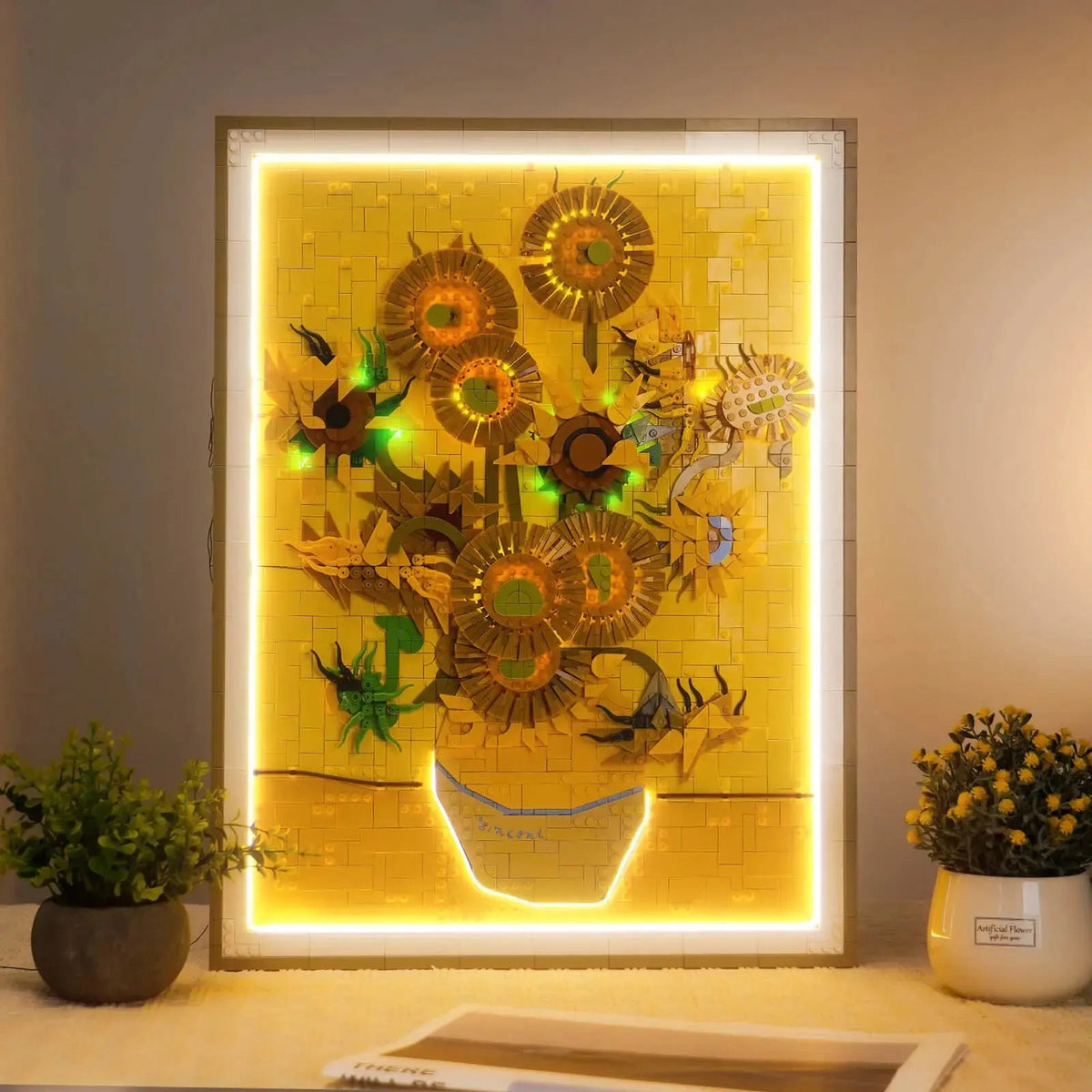 LEGO® Art Vincent van Gogh Sunflowers #31215 front view fully lit, with the DIY LED light kit