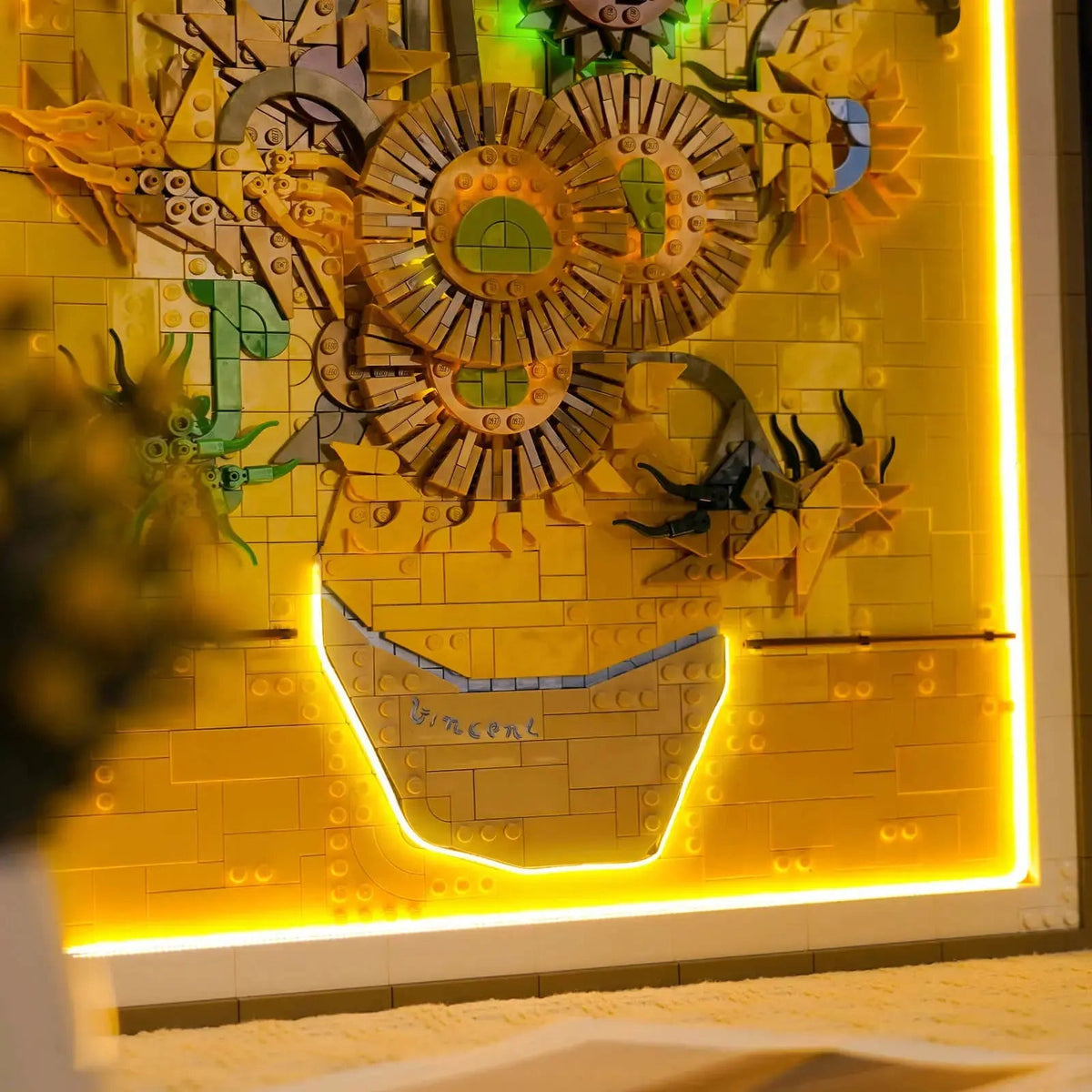 Bright My Bricks LED lights for LEGO® Art Vincent van Gogh Sunflowers #31215 — front view fully lit