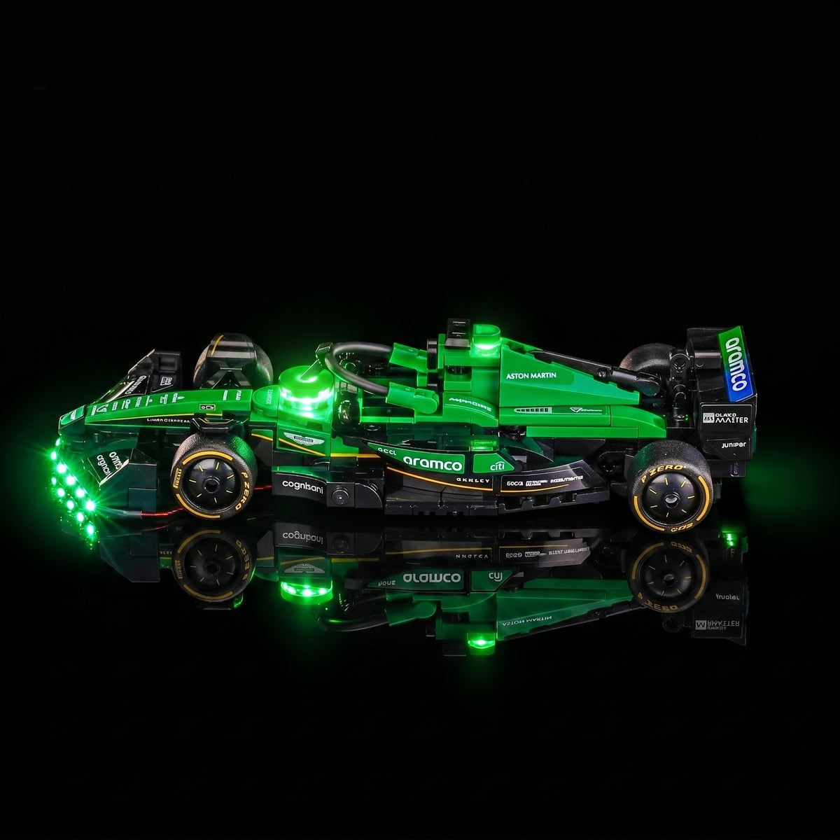 LEGO® Aston Martin Aramco F1 AMR24 Race Car #77245 — display lighting in a dark room (custom LED lighting)