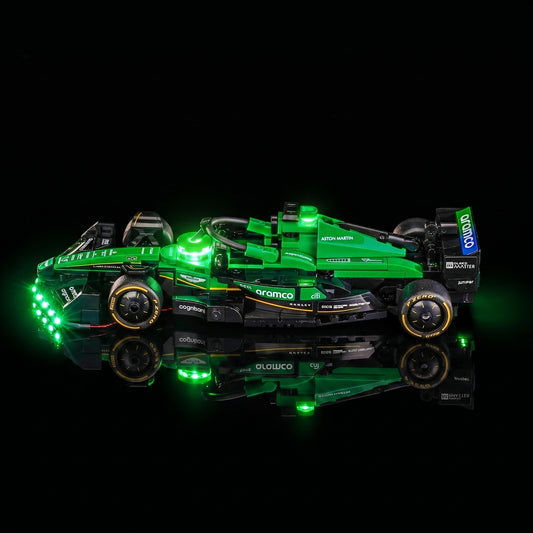 LEGO® Aston Martin Aramco F1 AMR24 Race Car #77245 — display lighting in a dark room (custom LED lighting)