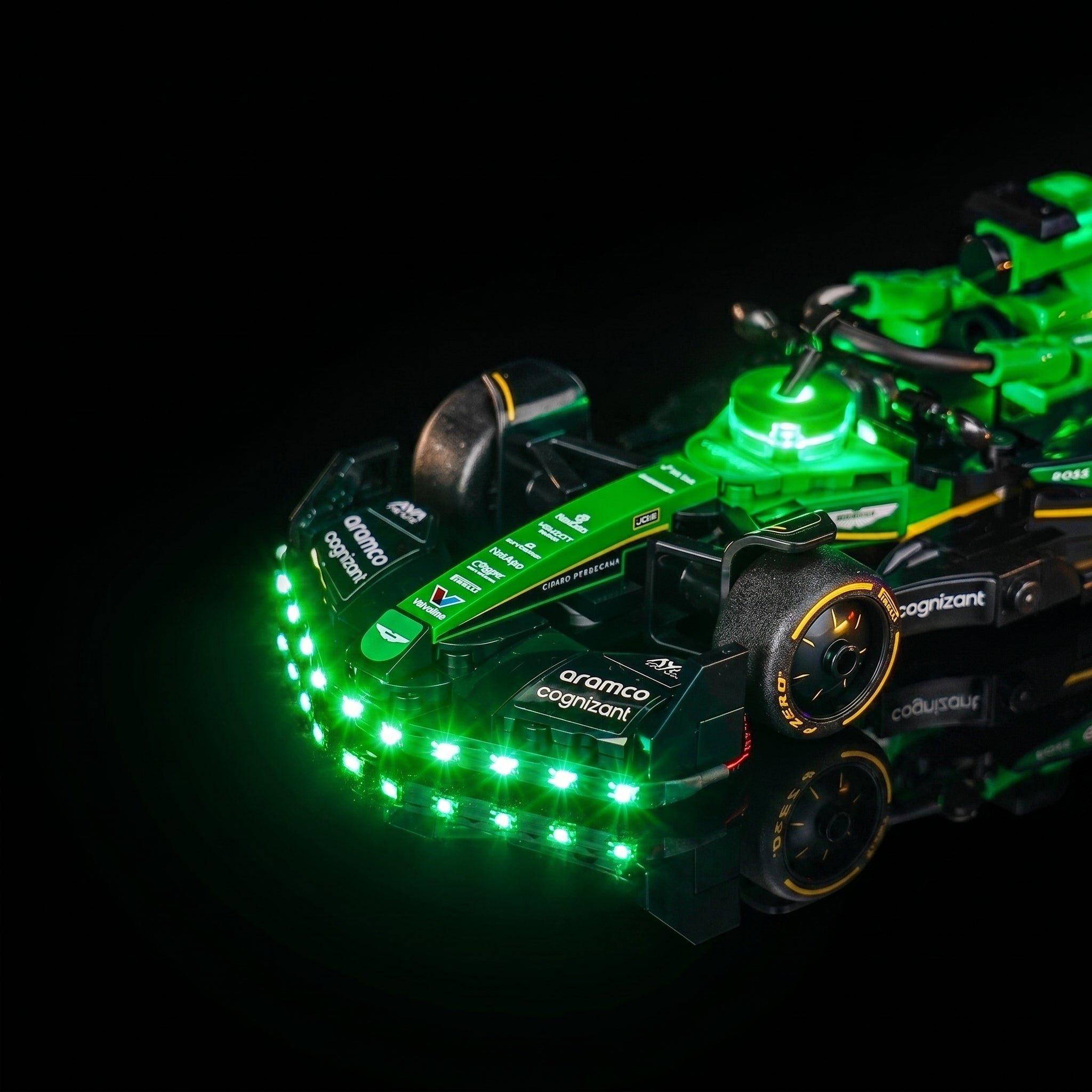LEGO® Aston Martin Aramco F1 AMR24 Race Car #77245 warm LED glow detail, with the LED lights