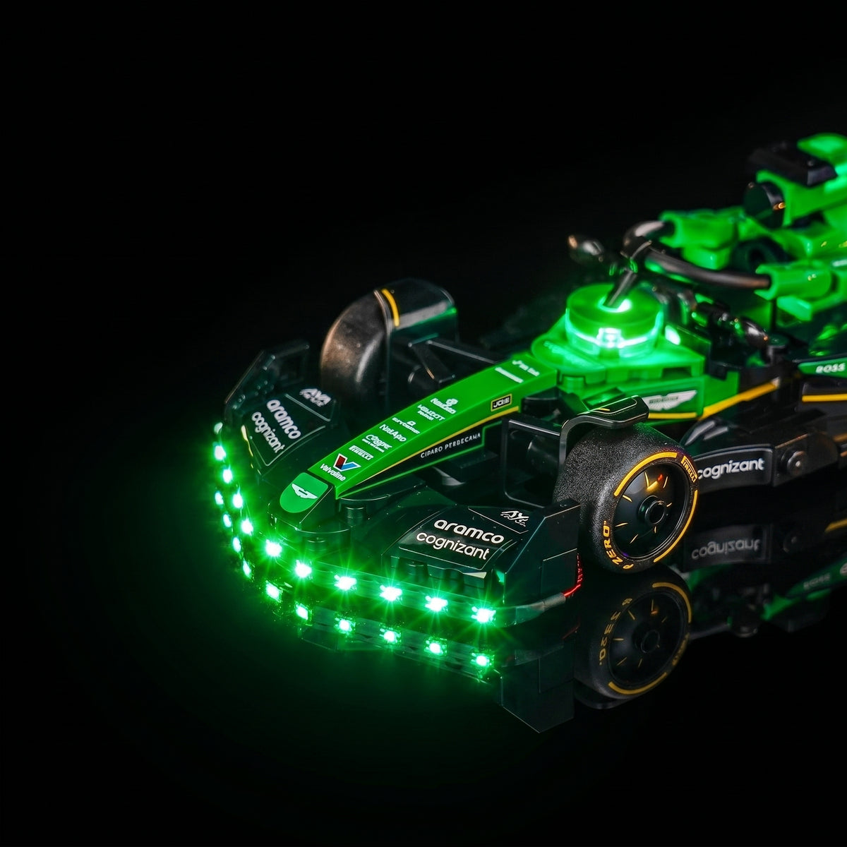 LEGO® Aston Martin Aramco F1 AMR24 Race Car #77245 warm LED glow detail, with the LED lights