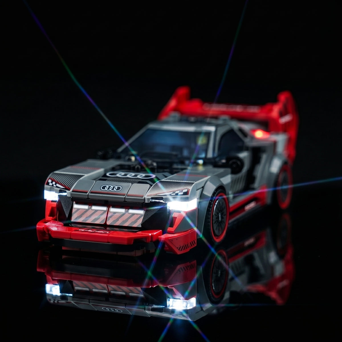 LEGO® Audi S1 e-tron quattro Race Car #76921 display lighting in a dark room, with the RGB LED light kit