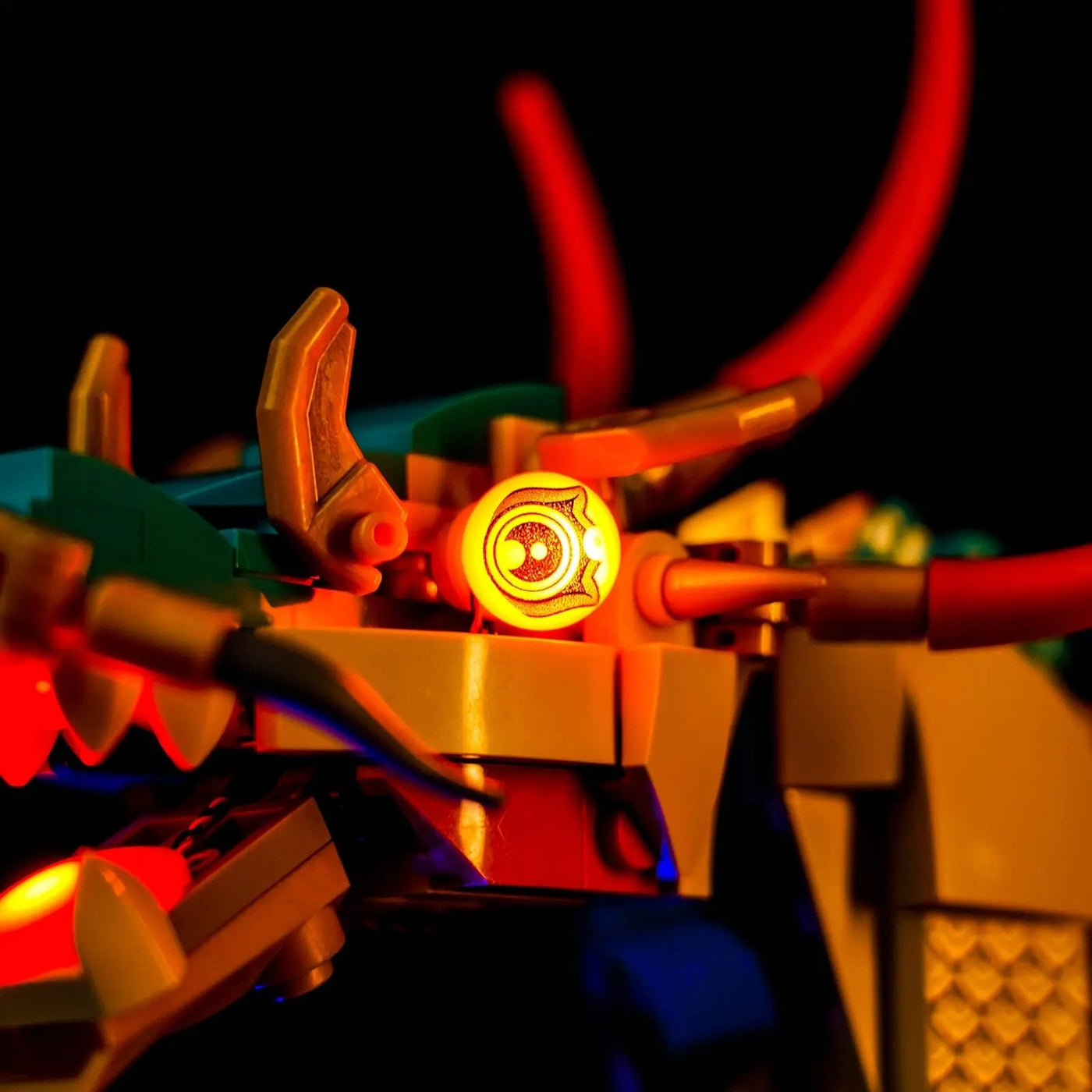 LEGO® Auspicious Dragon #80112 lighting effect on the build, with the custom LED lighting