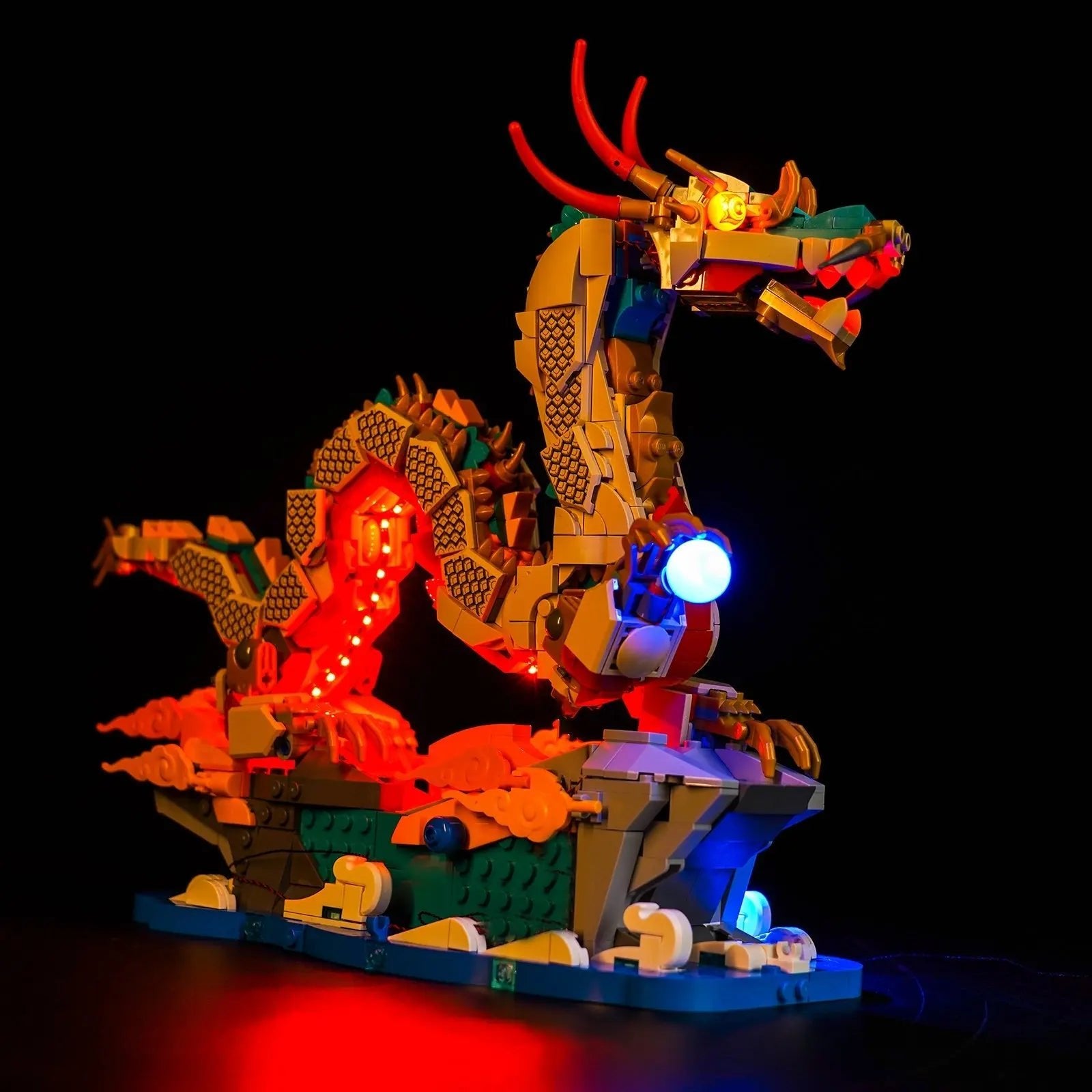 LEGO Auspicious Dragon #80112 illuminated at night