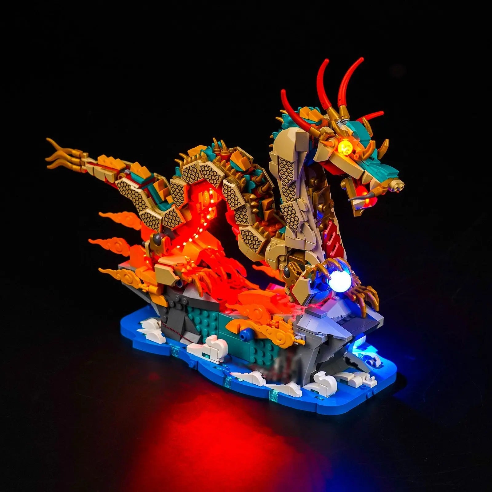 Close-up of LED lights on LEGO Auspicious Dragon #80112