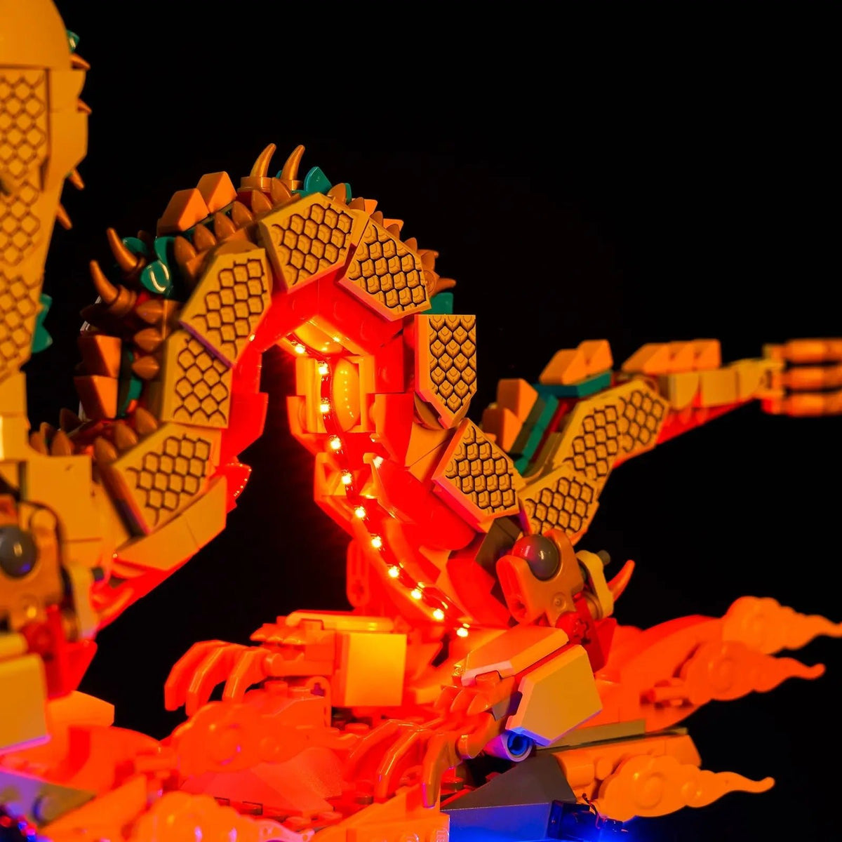 LEGO® Auspicious Dragon #80112 brightened interior detail, with the LED light kit