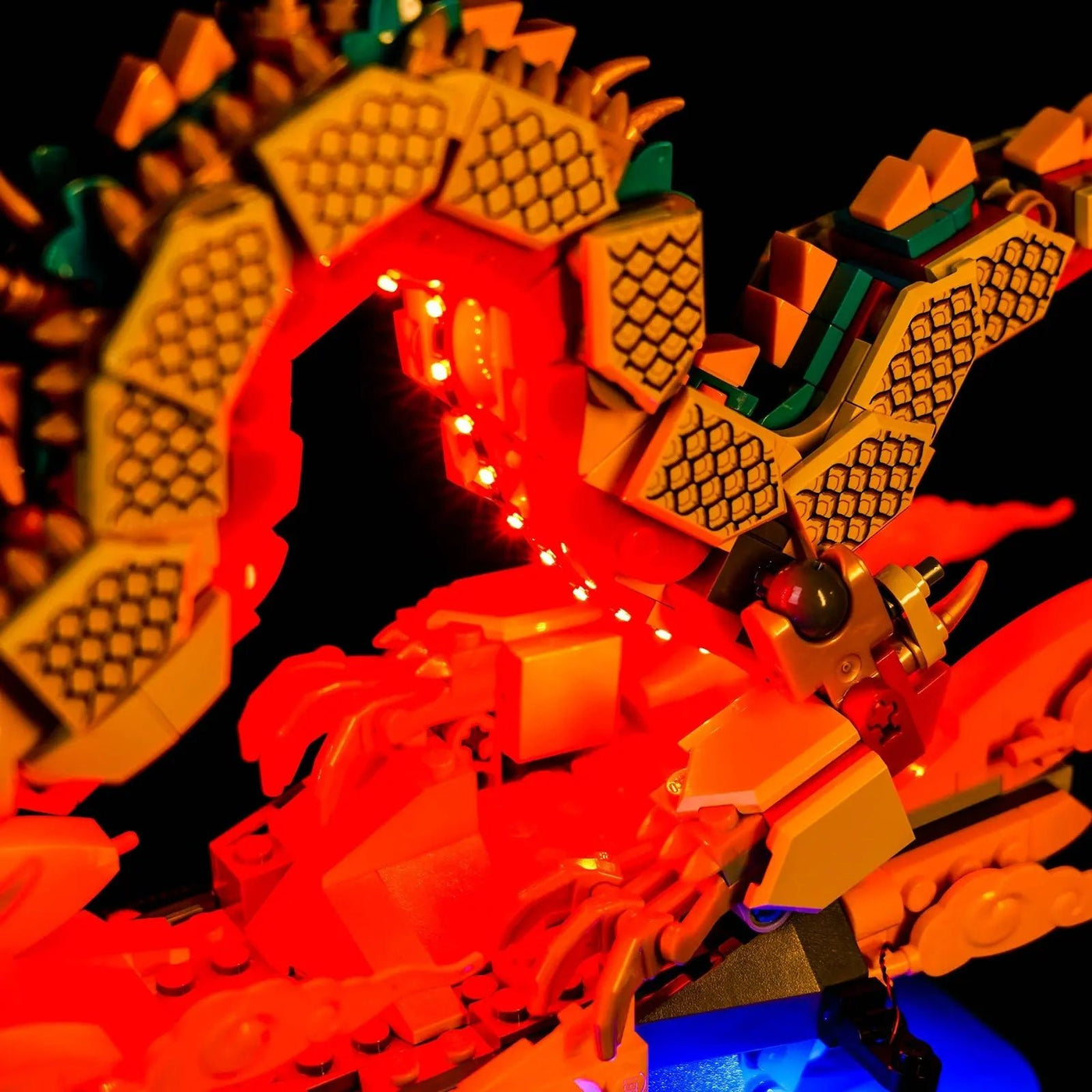 Bright My Bricks LED light kit for LEGO® Auspicious Dragon #80112 — side angle with lights on