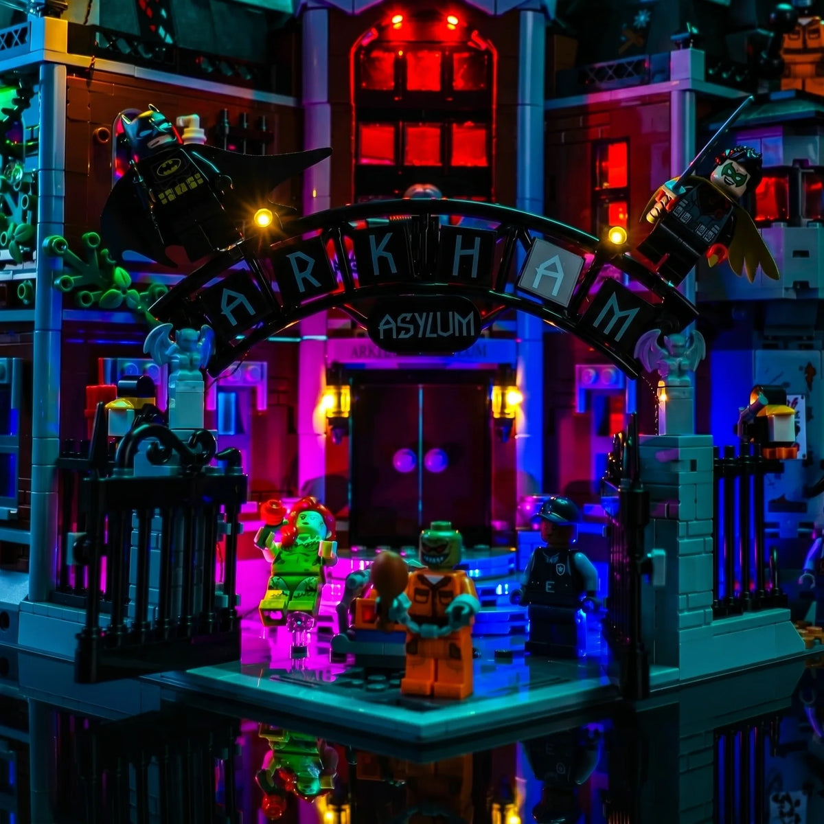 LEGO® Batman Arkham Asylum #76300 before-and-after lighting, with the premium LED light kit