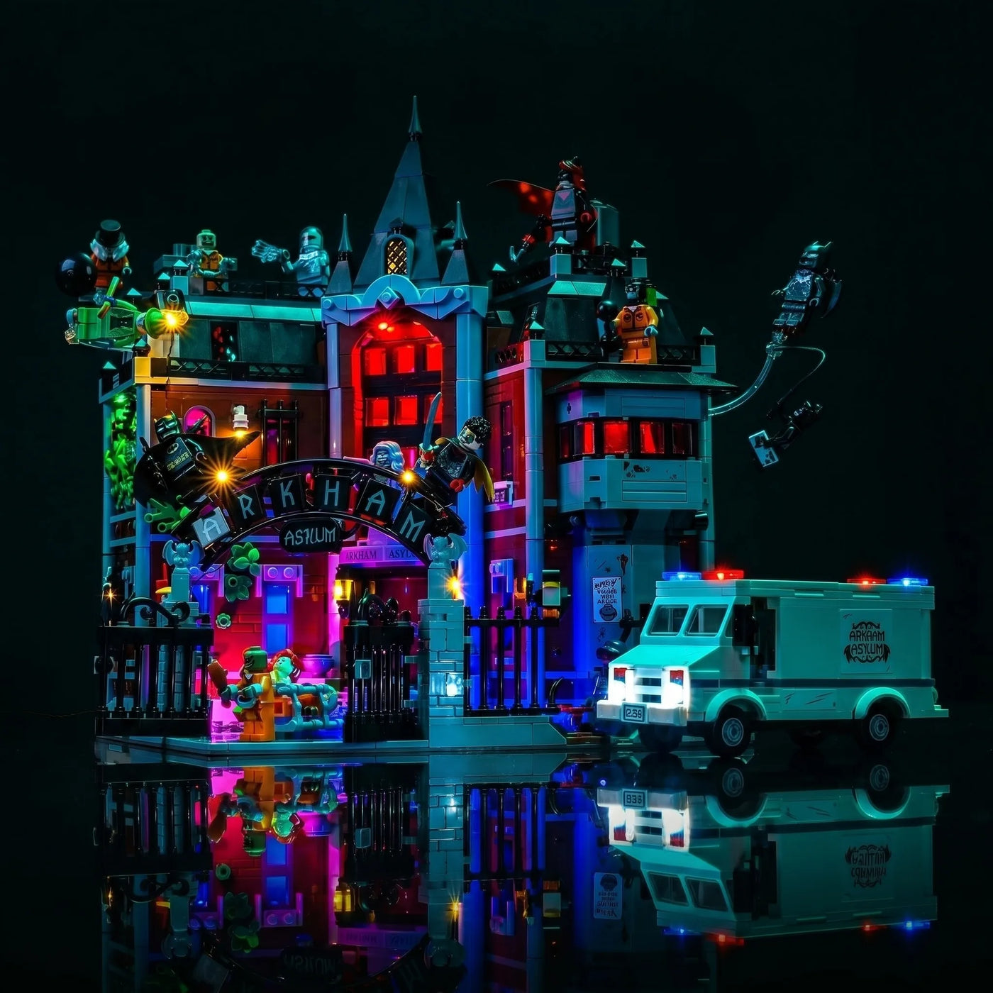 LED kit powered on: Bright My Bricks RGB LED light kit for LEGO® Batman Arkham Asylum #76300