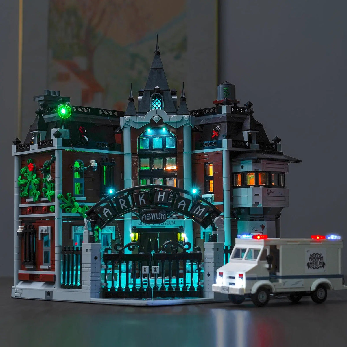 premium LED light kit for LEGO® Batman Arkham Asylum #76300, fully illuminated on display