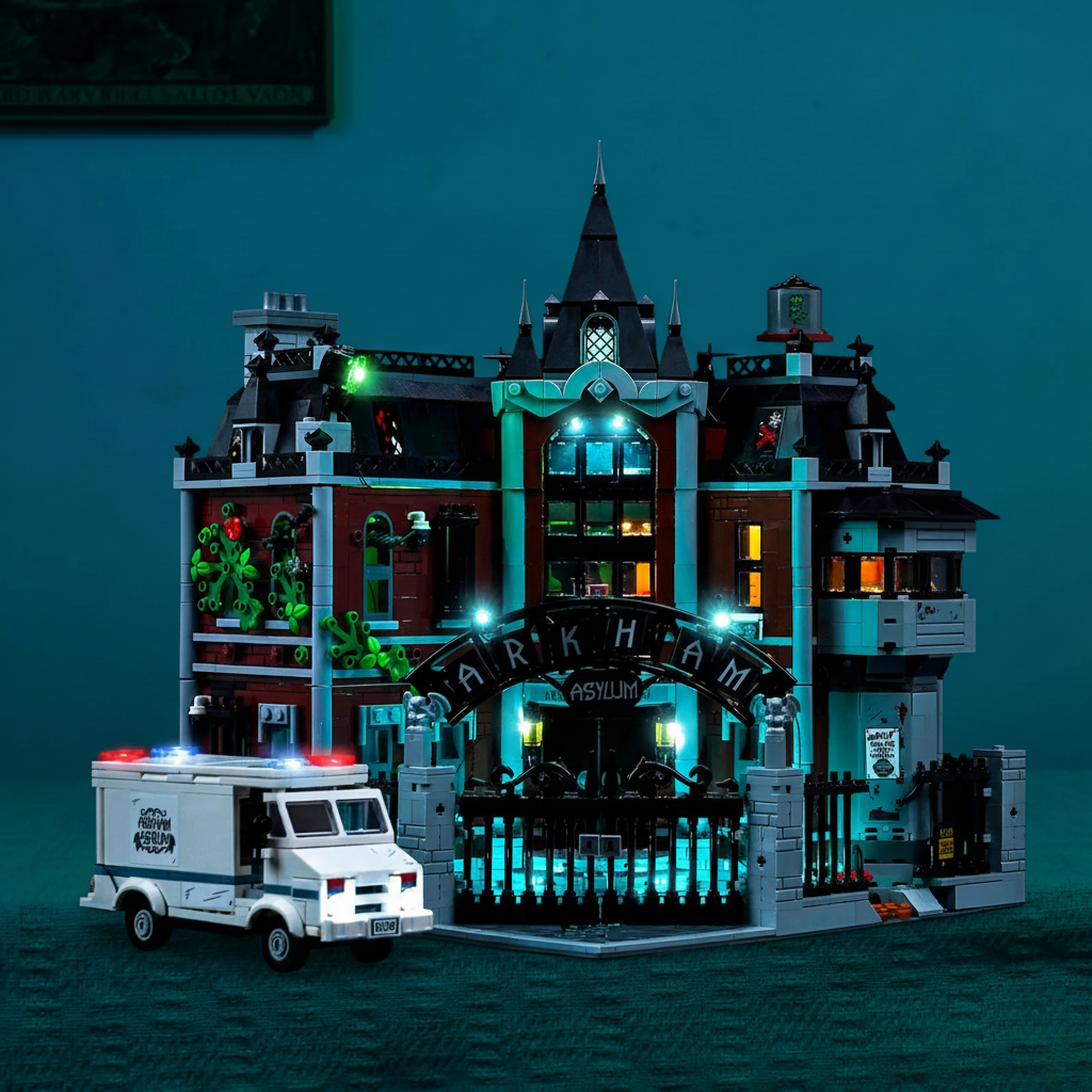 LED kit powered on: Bright My Bricks RGB LED light kit for LEGO® Batman Arkham Asylum #76300