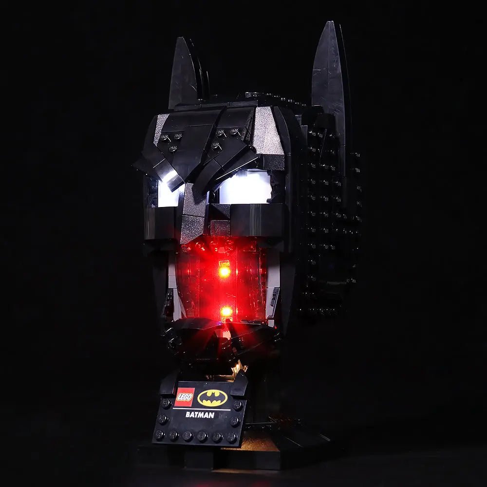 LEGO® Batman Cowl #76182 illuminated at night, with the LED lights