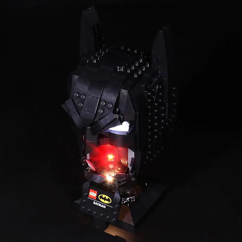 LEGO® Batman Cowl #76182 illuminated at night, with the LED lighting kit