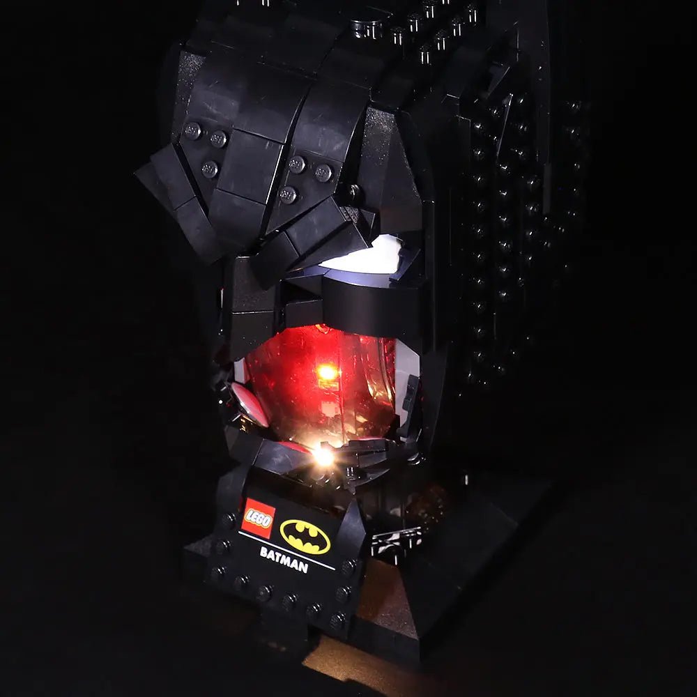 warm LED glow detail: Bright My Bricks DIY LED light kit for LEGO® Batman Cowl #76182