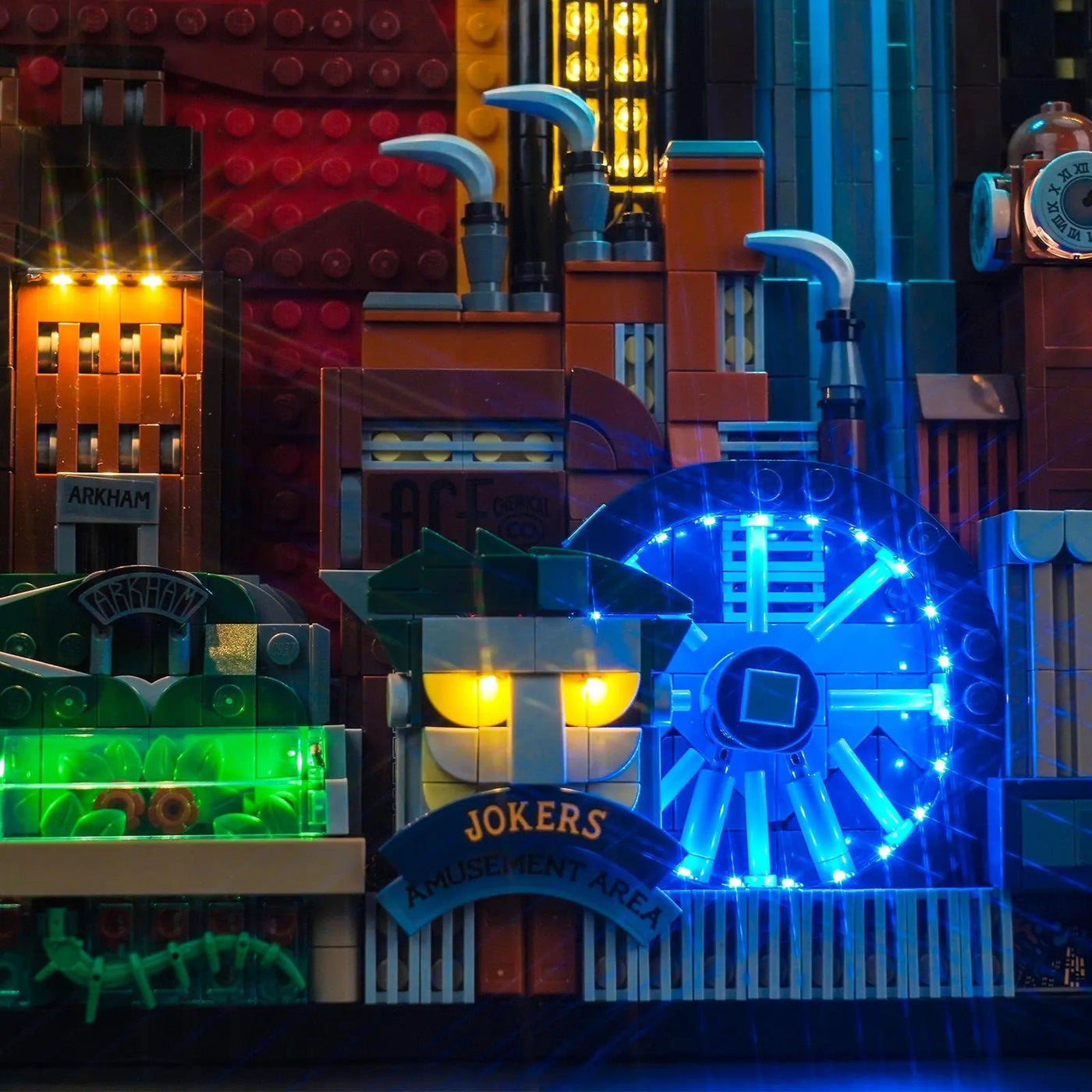 RGB LED light kit for LEGO® Batman: The Animated Series Gotham City #76271, illuminated at night