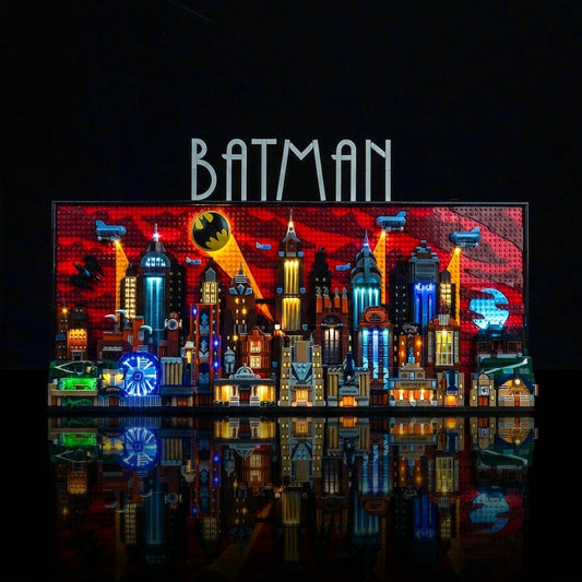 LEGO® Batman: The Animated Series Gotham City #76271 night-mode display glow, with the light kit