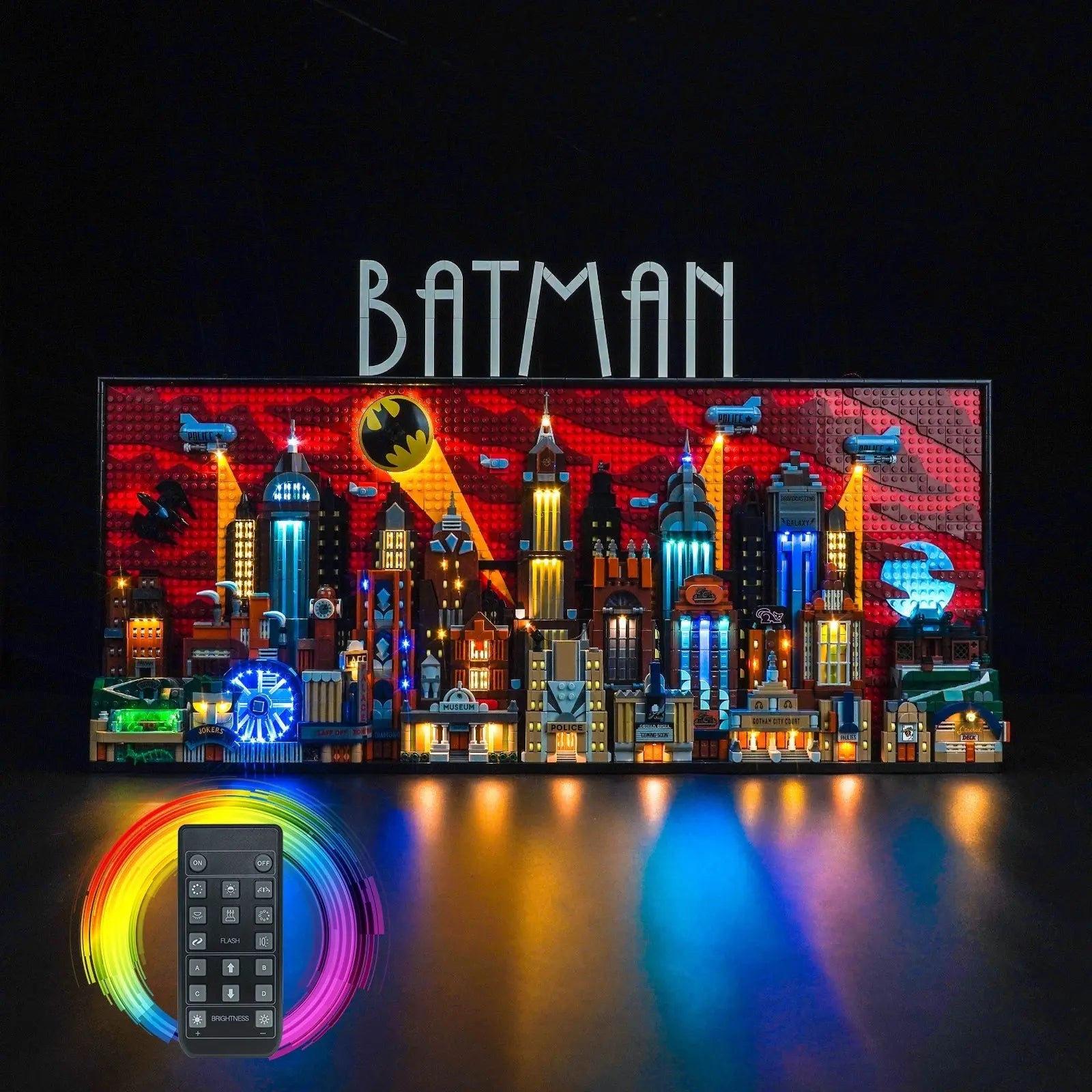 LEGO Batman: The Animated Series Gotham City #76271 illuminated at night