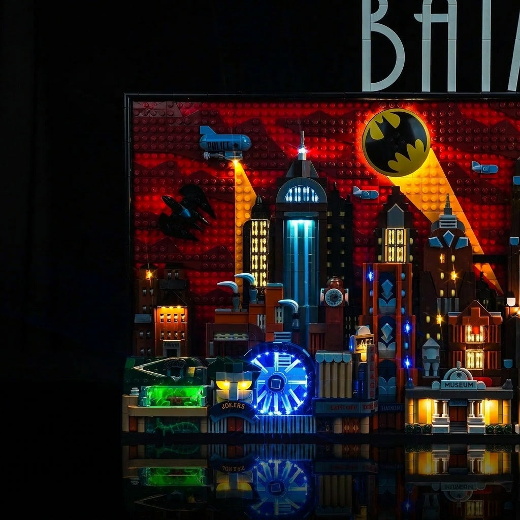 before-and-after lighting: Bright My Bricks LED light kit for LEGO® Batman: The Animated Series Gotham City #76271