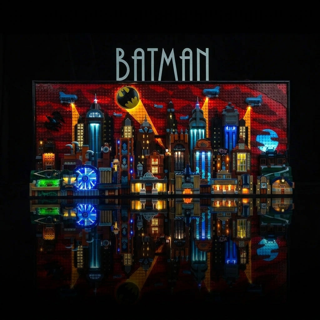 fully illuminated on display: Bright My Bricks LED light kit for LEGO® Batman: The Animated Series Gotham City #76271