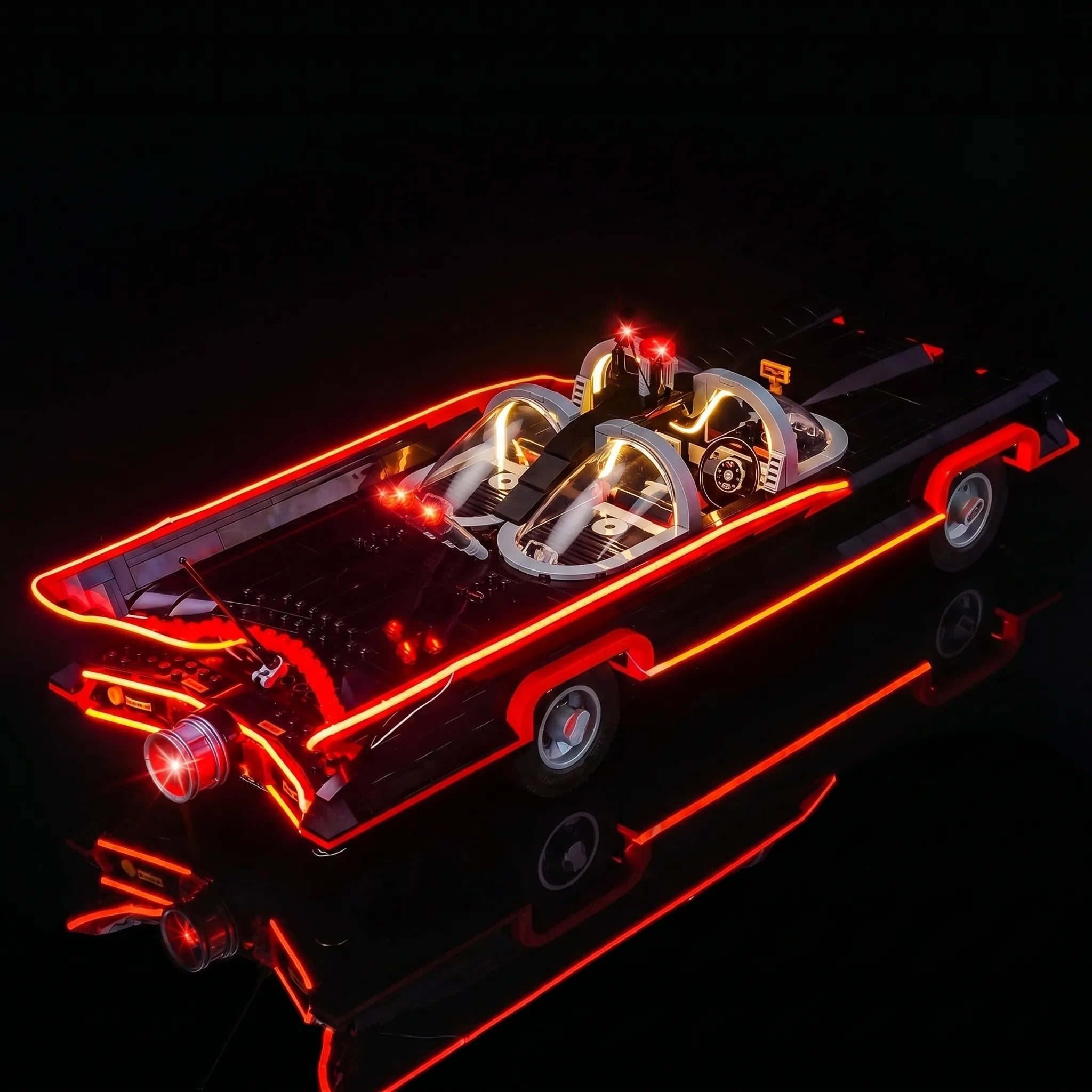 Bright My Bricks DIY LED light kit for LEGO® Batman: The Classic TV Series Batmobile #76328 — front view fully lit