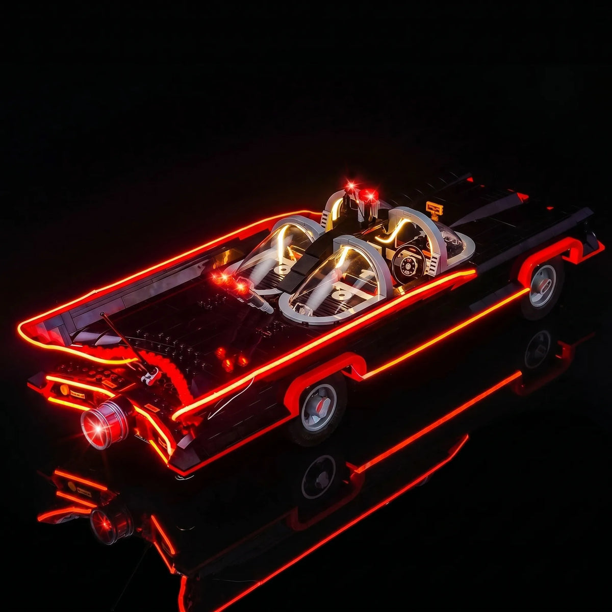 Bright My Bricks DIY LED light kit for LEGO® Batman: The Classic TV Series Batmobile #76328 — front view fully lit