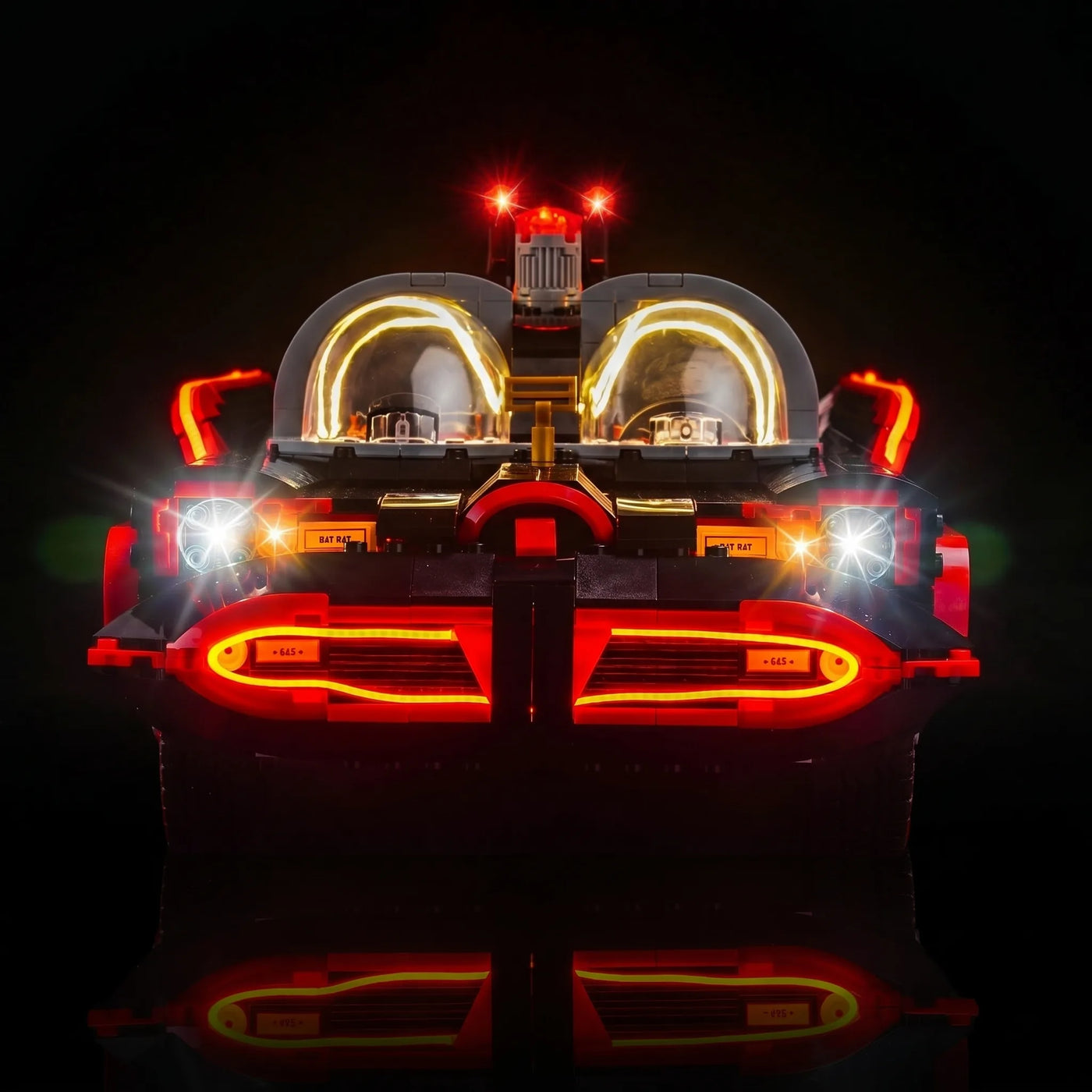 LEGO® Batman: The Classic TV Series Batmobile #76328 warm LED glow detail, with the DIY LED light kit
