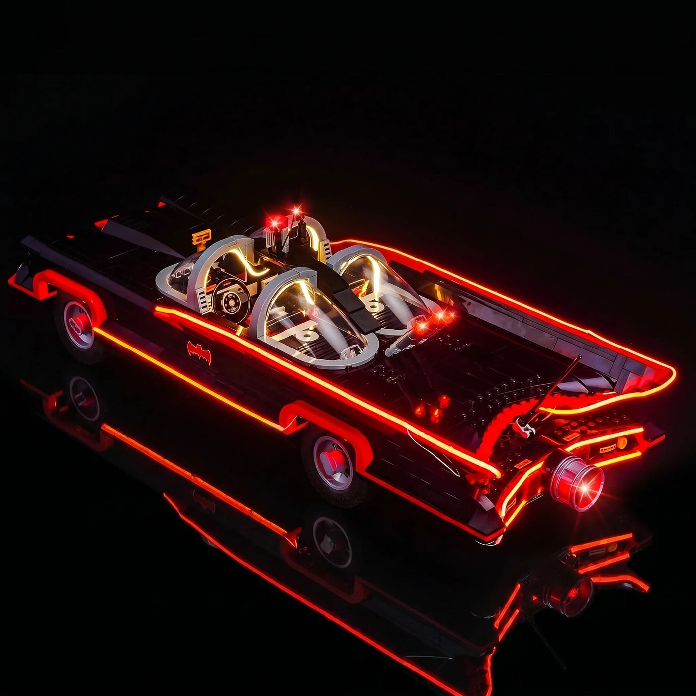 LEGO® Batman: The Classic TV Series Batmobile #76328 installed and glowing, with the LED light kit