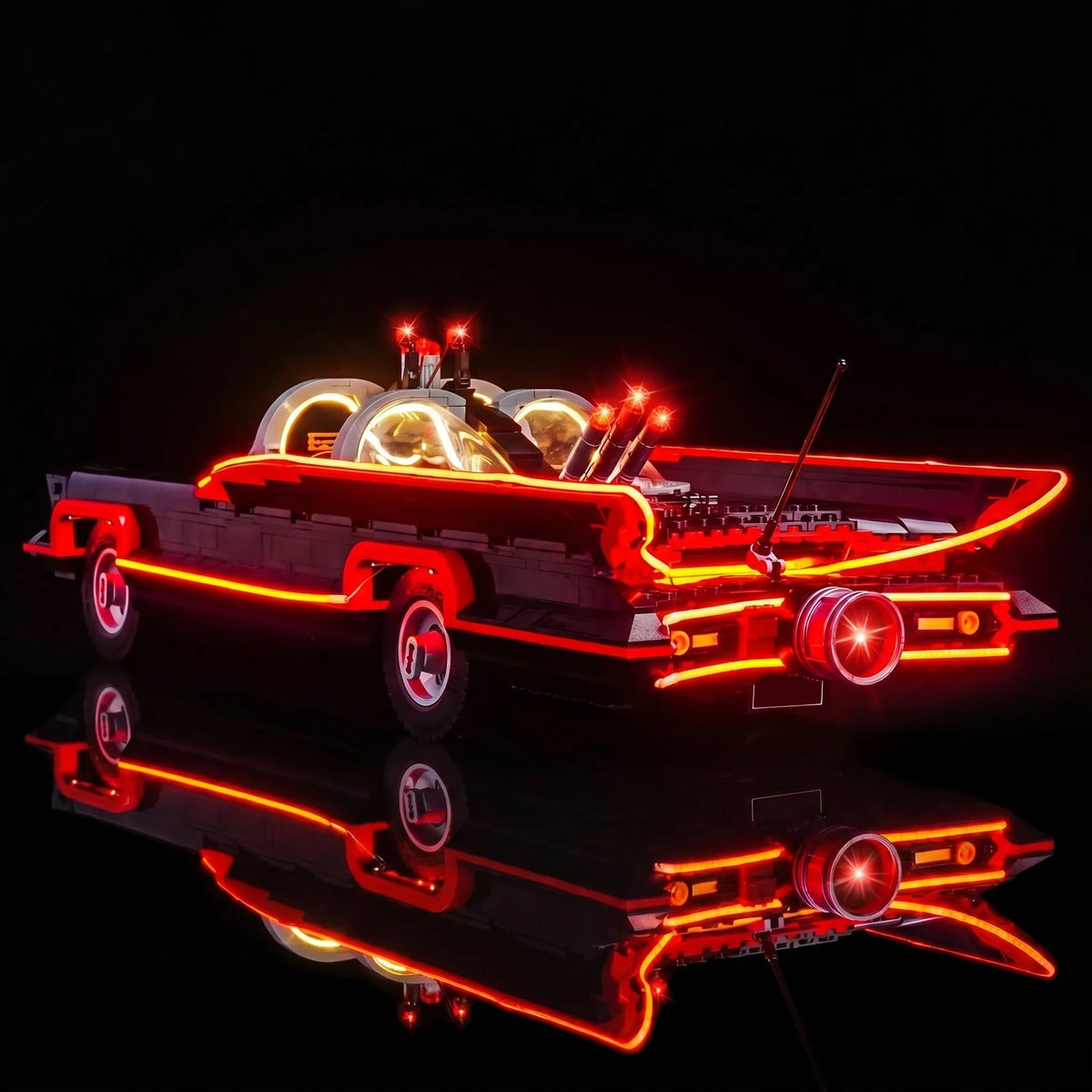 LEGO® Batman: The Classic TV Series Batmobile #76328 illuminated at night, with the RGB LED light kit
