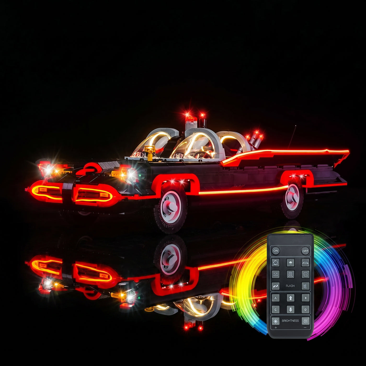 warm LED glow detail: Bright My Bricks RGB LED light kit for LEGO® Batman: The Classic TV Series Batmobile #76328