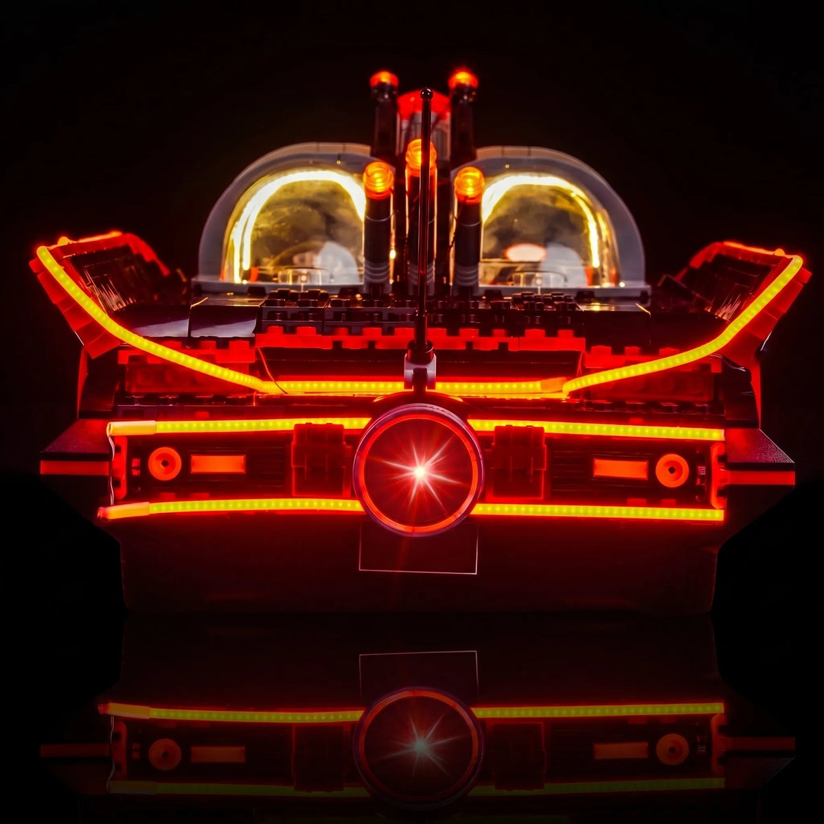 LEGO® Batman: The Classic TV Series Batmobile #76328 showcase lighting view, with the LED lighting kit