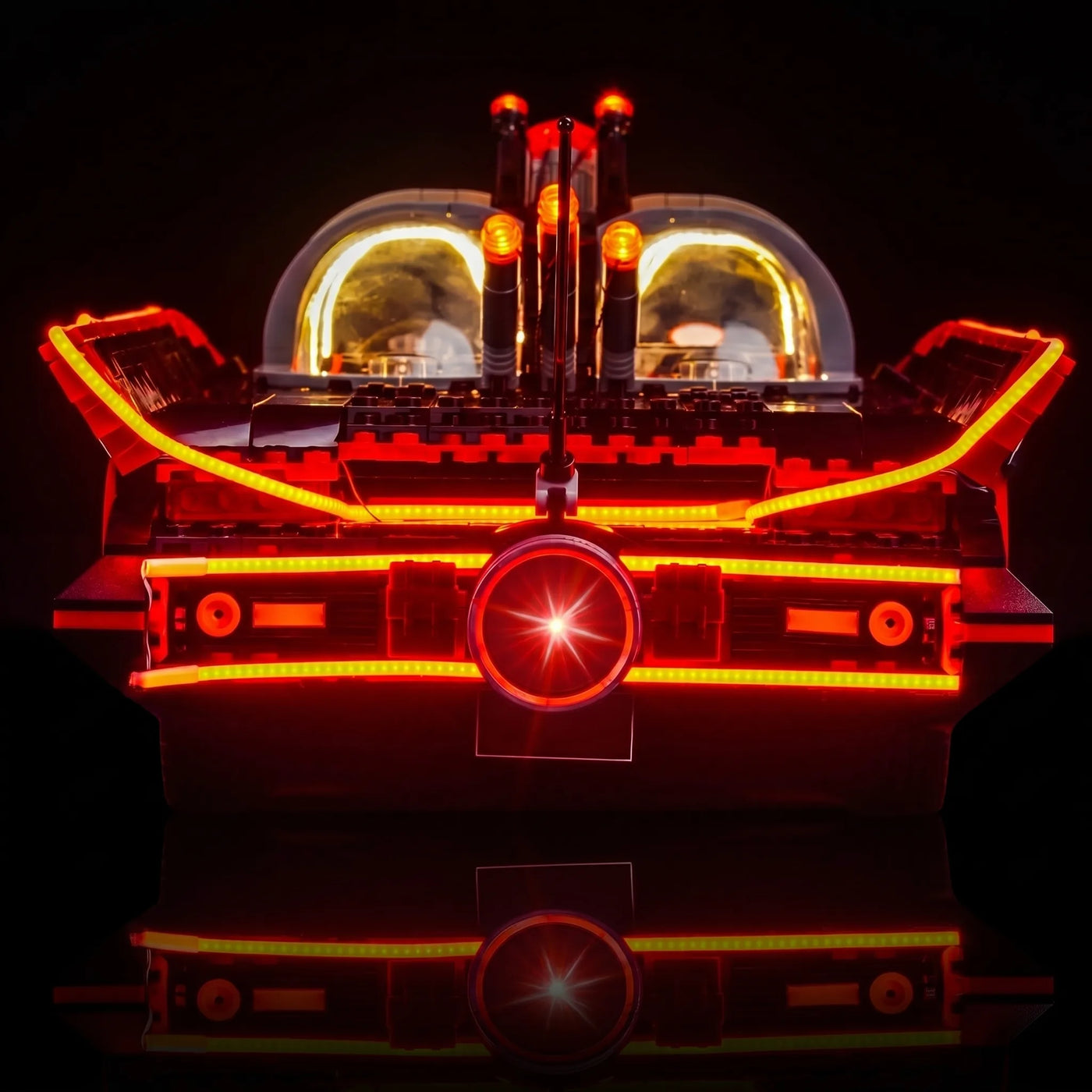 LEGO® Batman: The Classic TV Series Batmobile #76328 showcase lighting view, with the LED lighting kit