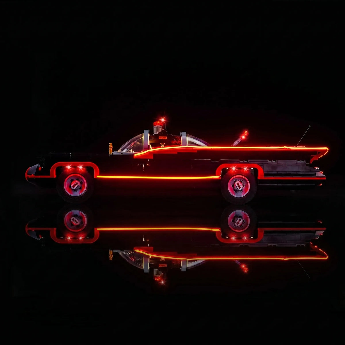 Bright My Bricks RGB LED light kit for LEGO® Batman: The Classic TV Series Batmobile #76328 — illuminated at night