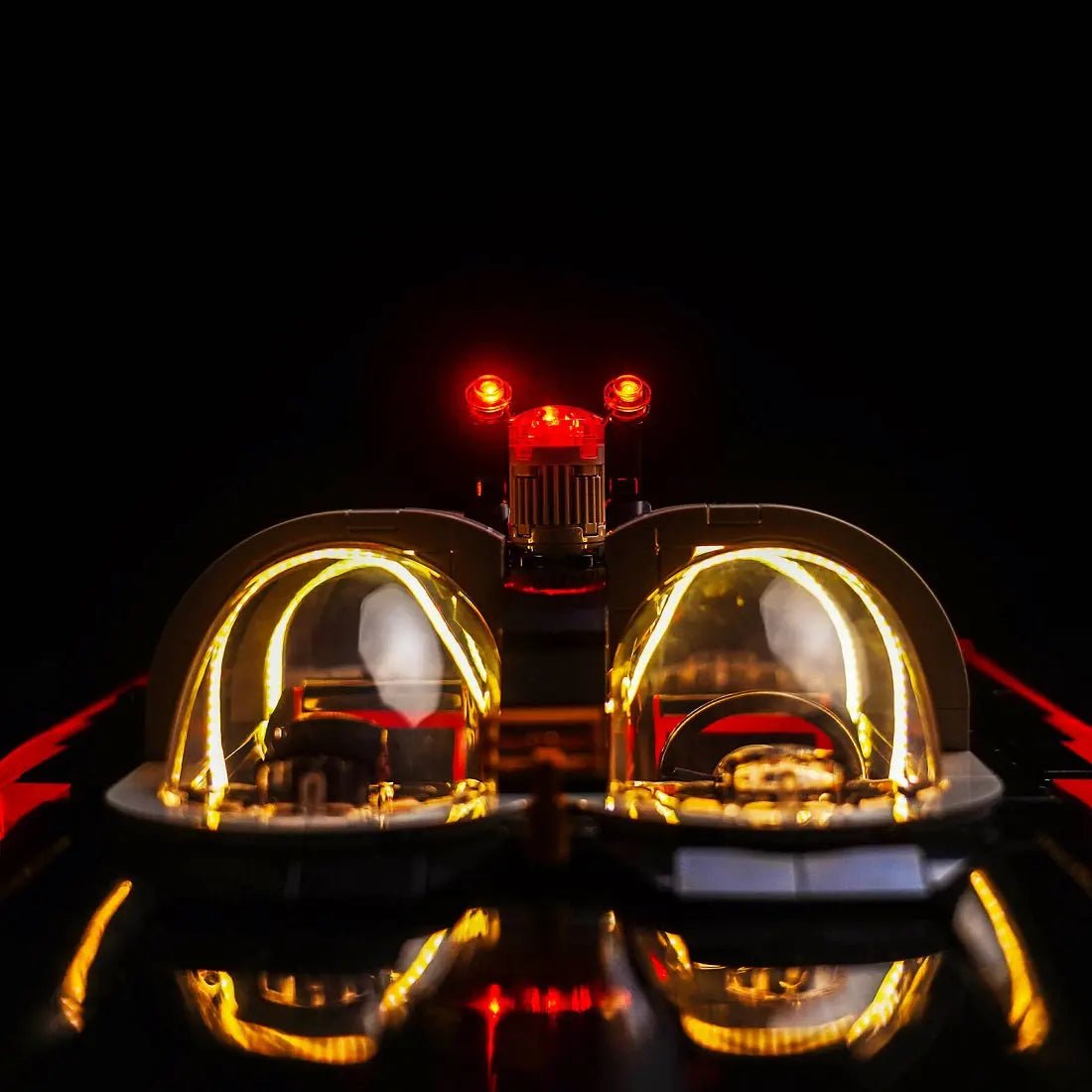 LEGO® Batman: The Classic TV Series Batmobile #76328 front view fully lit, with the USB-powered LED light kit