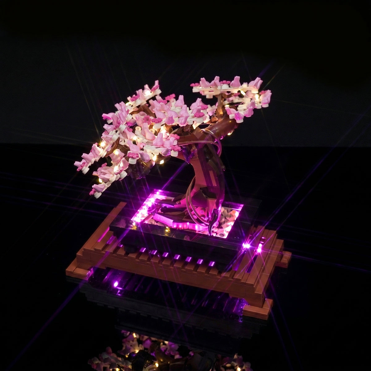 side angle with lights on: Bright My Bricks LED lights for LEGO® Bonsai Tree #10281