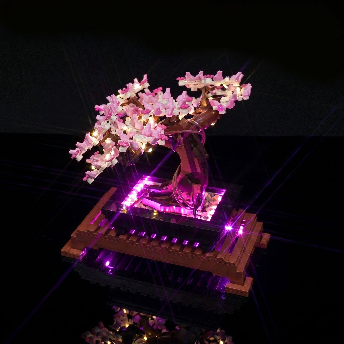 side angle with lights on: Bright My Bricks LED lights for LEGO® Bonsai Tree #10281