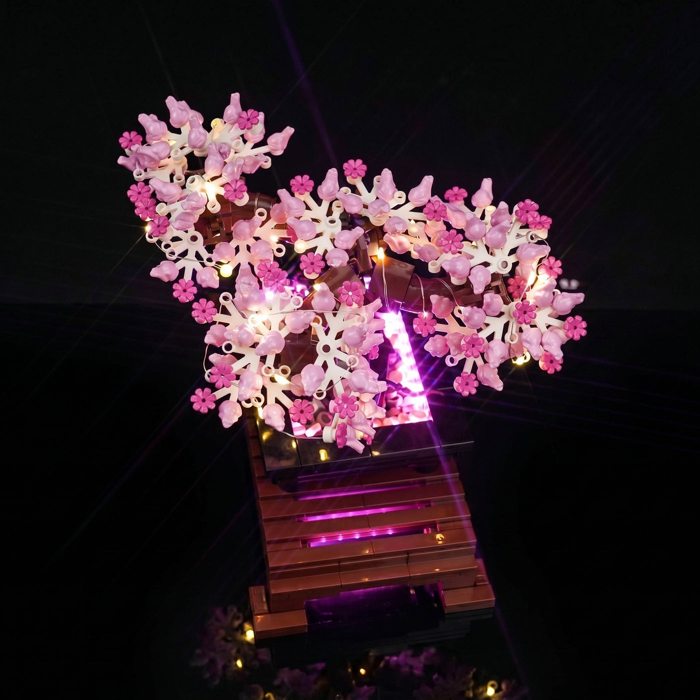 LEGO® Bonsai Tree #10281 installed and glowing, with the DIY LED light kit