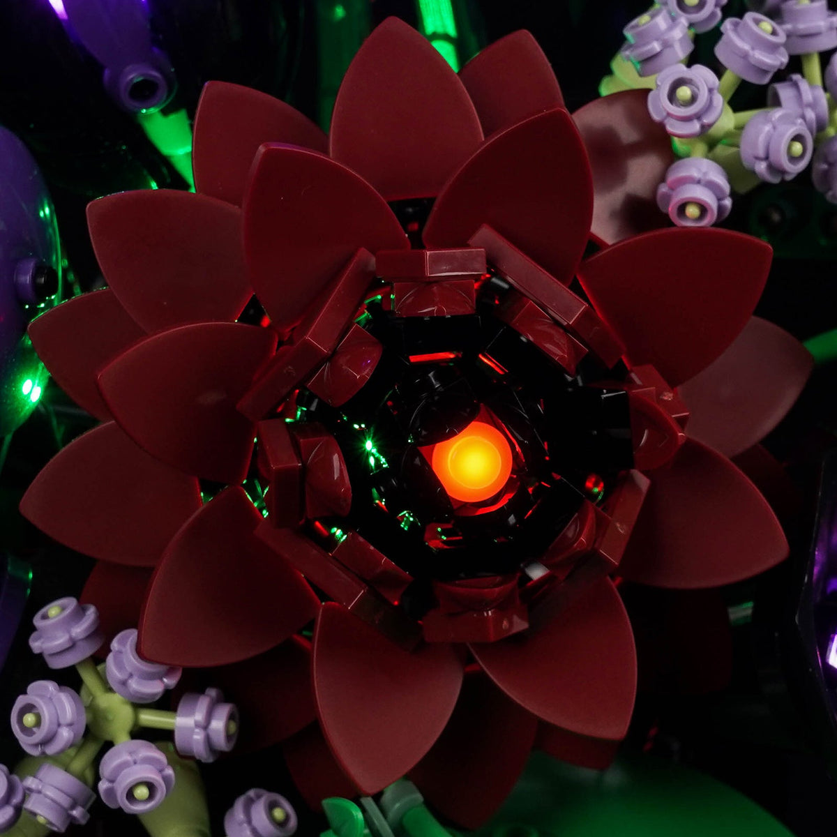 LEGO® Botanicals Dark Flower Arrangement #11513 display lighting in a dark room, with the premium LED light kit